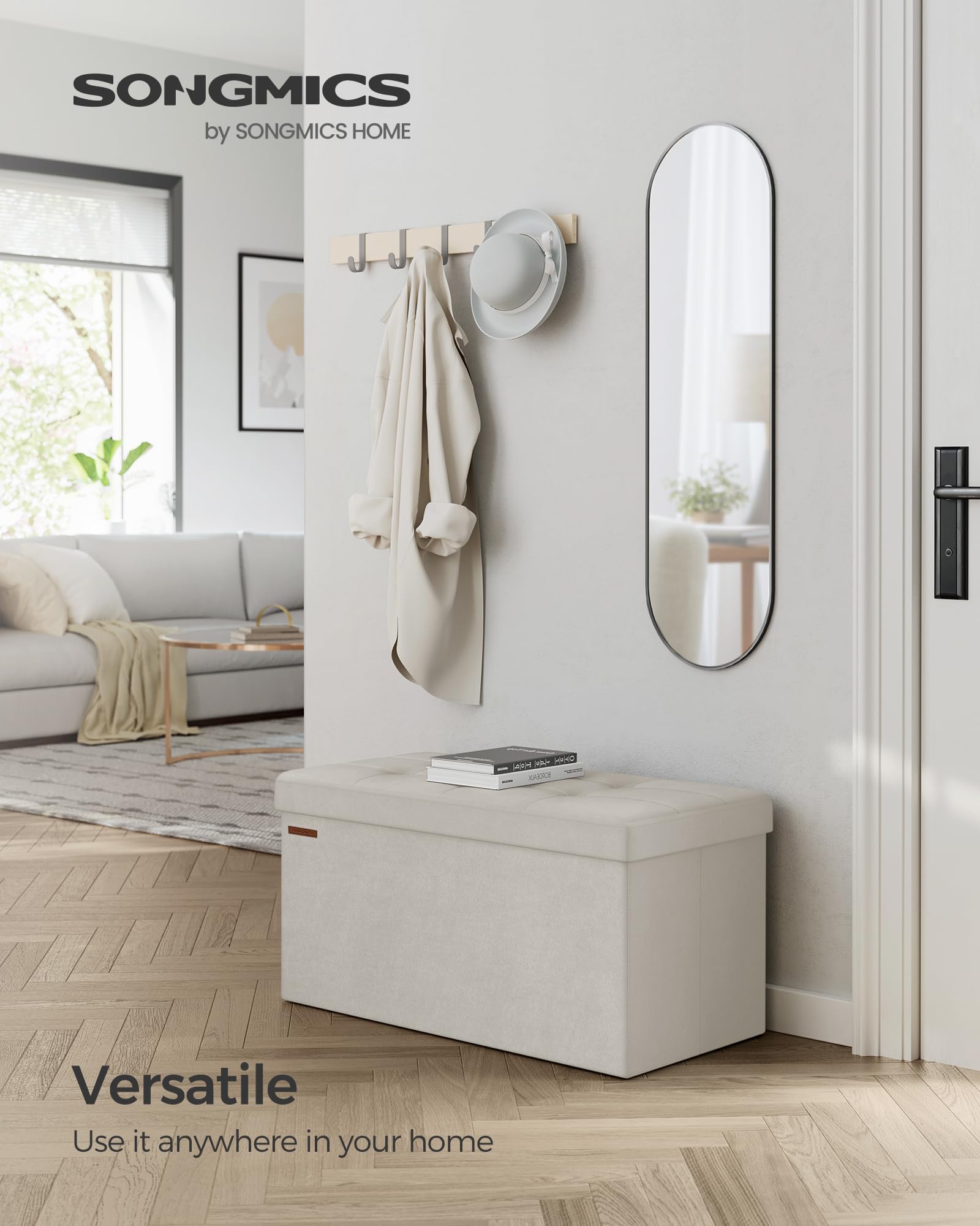 SONGMICS Mazie Collection - Storage Ottoman Bench, Foldable Foot Rest, 15 x 43 x 15 Inches, End of Bed Bench, Storage Chest, Load 660 lb, Living Room, Bedroom, Entryway, Jelly Pink ULSF277R01