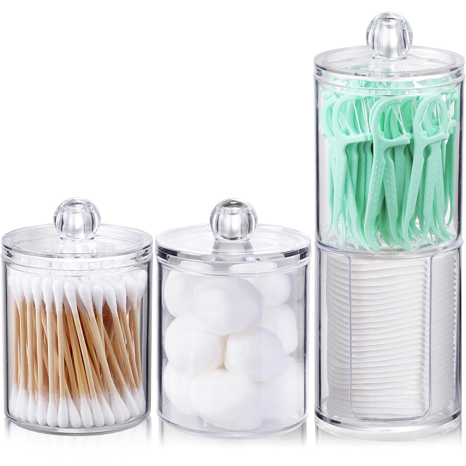 4 Pack Acrylic Qtip Holder Dispenser for Cotton Swabs, Balls, Pads, Floss Picks- Small Clear Plastic Canister Apothecary Jar Set, Bathroom Essentials Accessories Decor, Vanity Makeup Storage Organizer