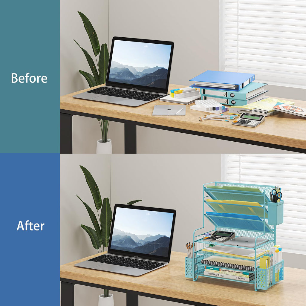 Simple Trending 7 Tier Desk File Organizer, Letter Tray Paper Organizer with Pen Holder and Metal Hanging Basket, Black