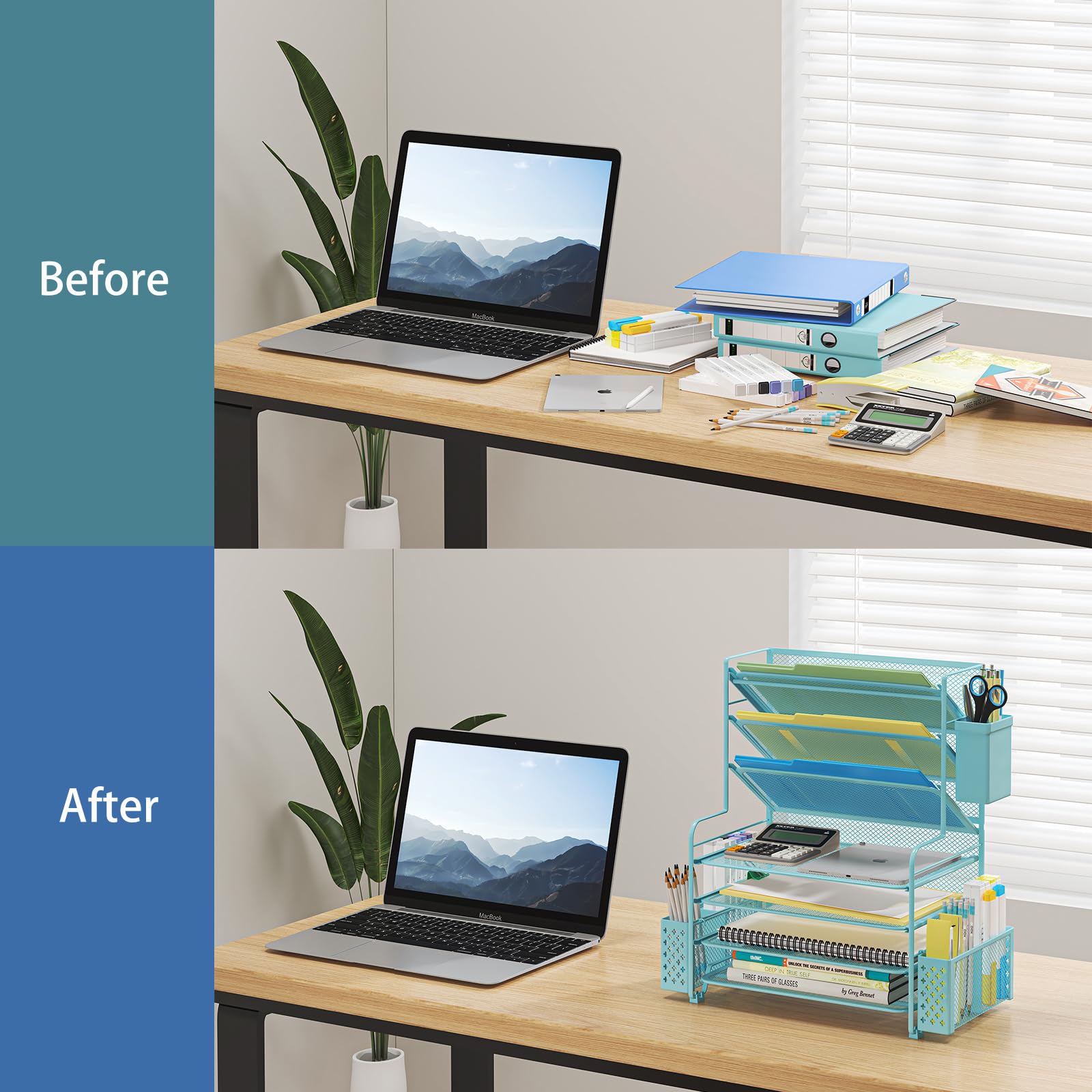 Simple Trending 7 Tier Desk File Organizer, Letter Tray Paper Organizer with Pen Holder and Metal Hanging Basket, Black