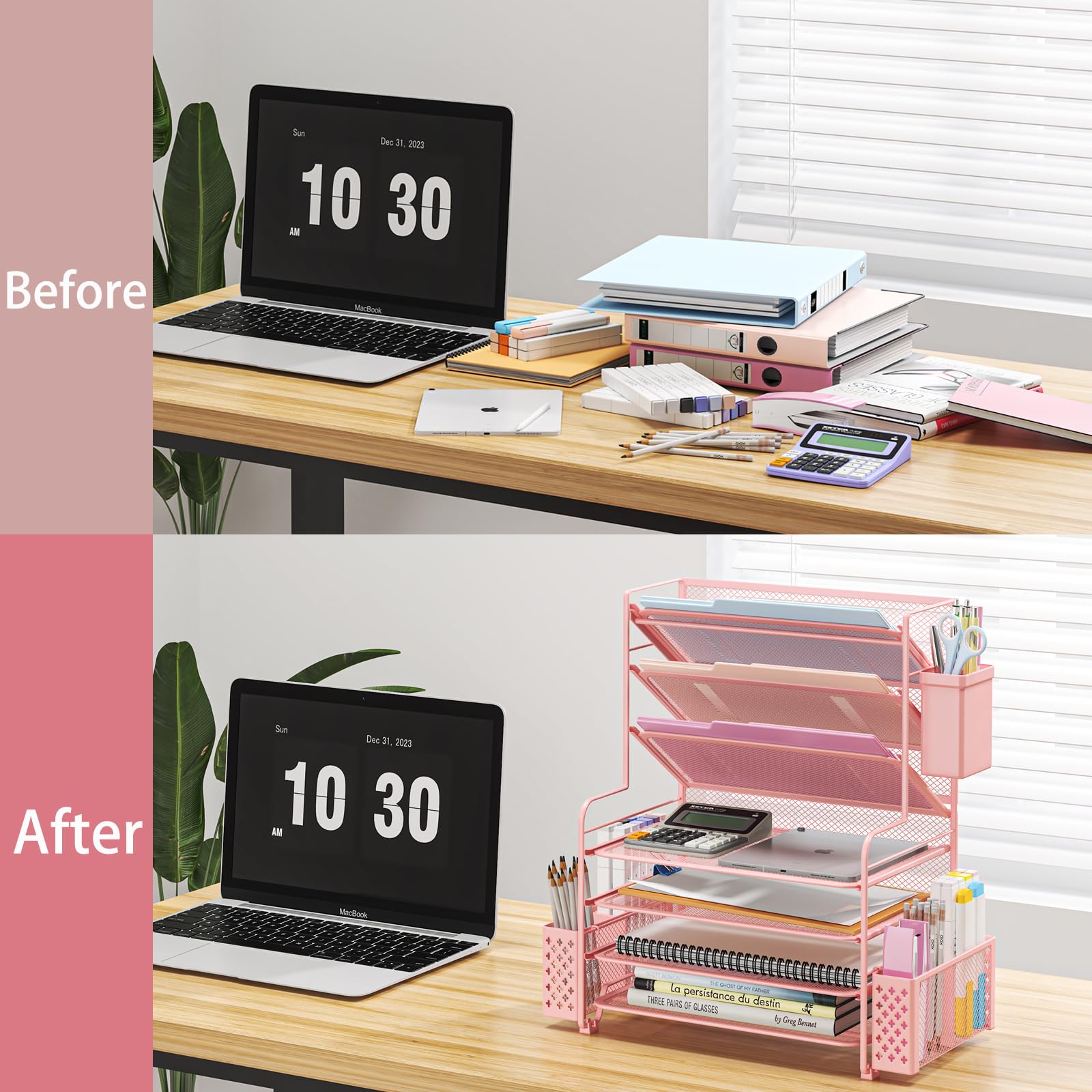 Simple Trending 7 Tier Desk File Organizer, Letter Tray Paper Organizer with Pen Holder and Metal Hanging Basket, Black