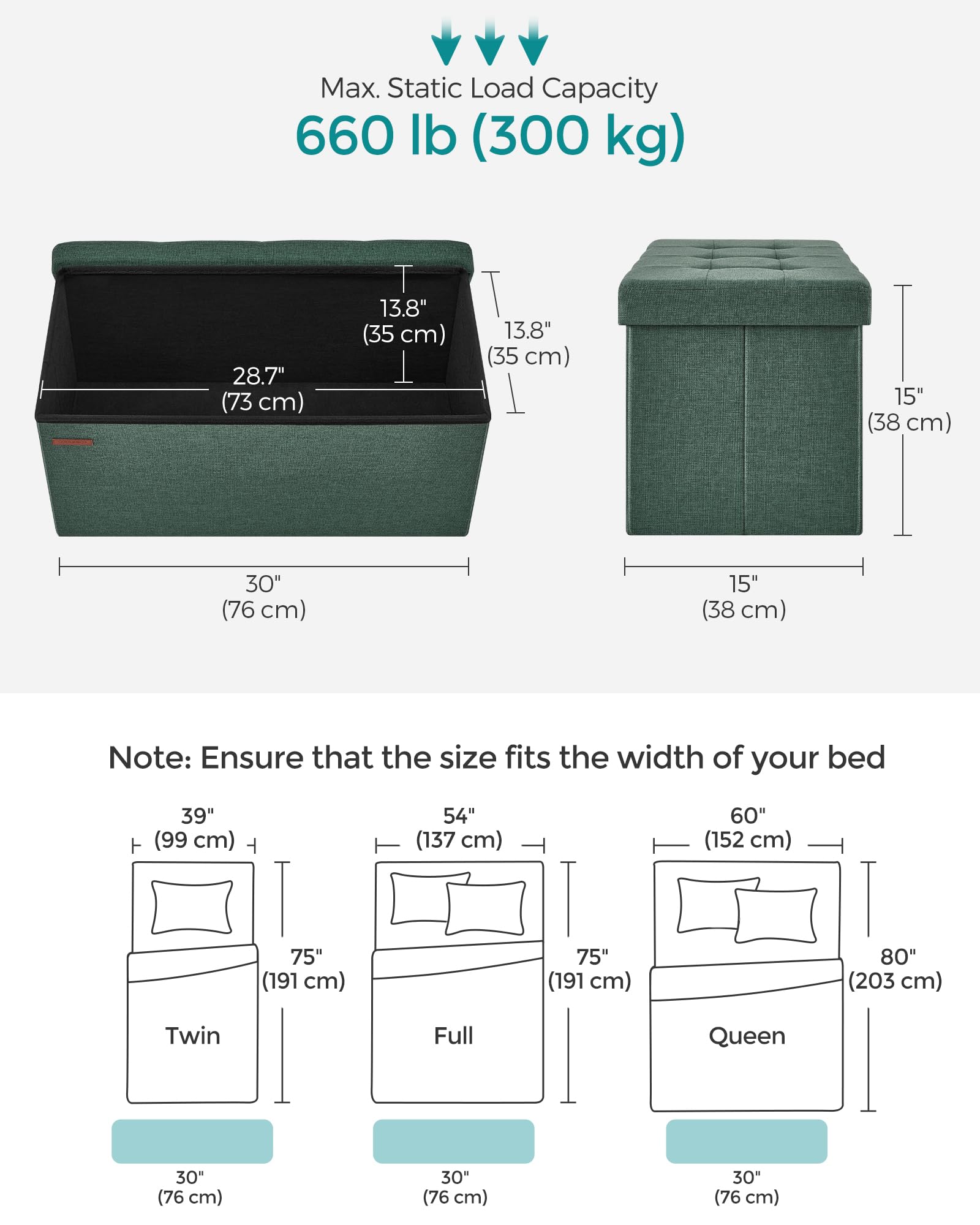 SONGMICS Mazie Collection - 30 Inches Folding Storage Ottoman Bench, Ottoman Foot Rest, End of Bed Bench, Storage Chest, Load 660 lb, for Living Room, Bedroom, Entryway, Ink Black ULSF047B01