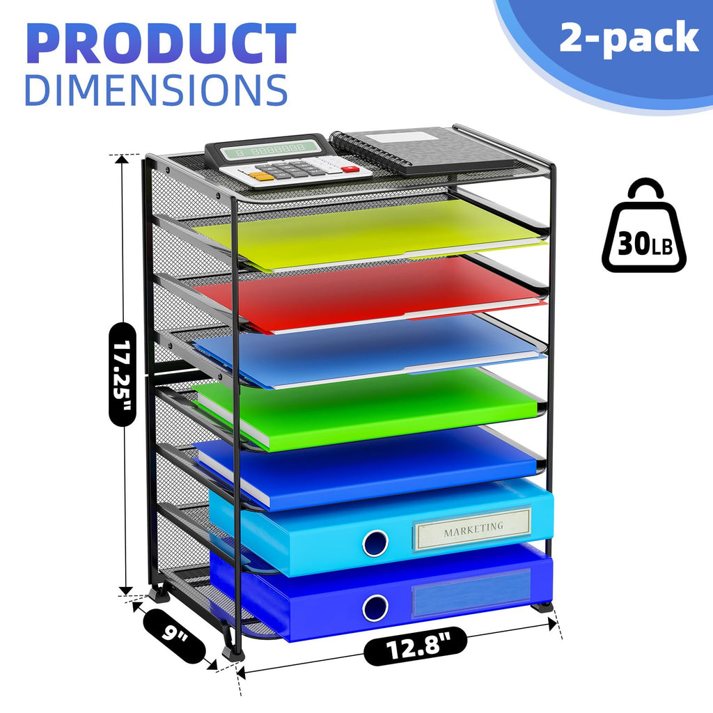 Simple Trending 7 Tier Desk File Organizer, Letter Tray Paper Organizer with Pen Holder and Metal Hanging Basket, Black