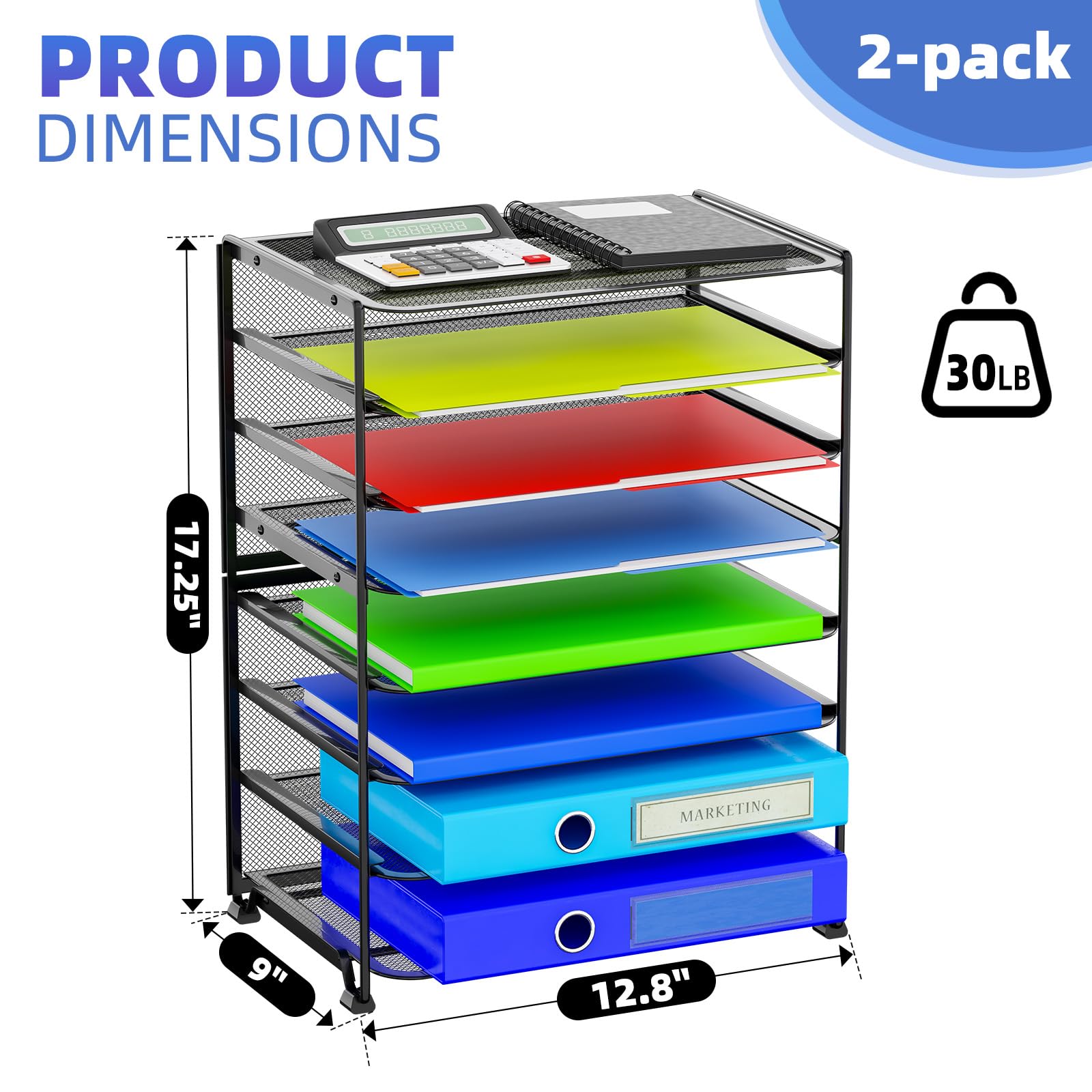 Simple Trending 7 Tier Desk File Organizer, Letter Tray Paper Organizer with Pen Holder and Metal Hanging Basket, Black