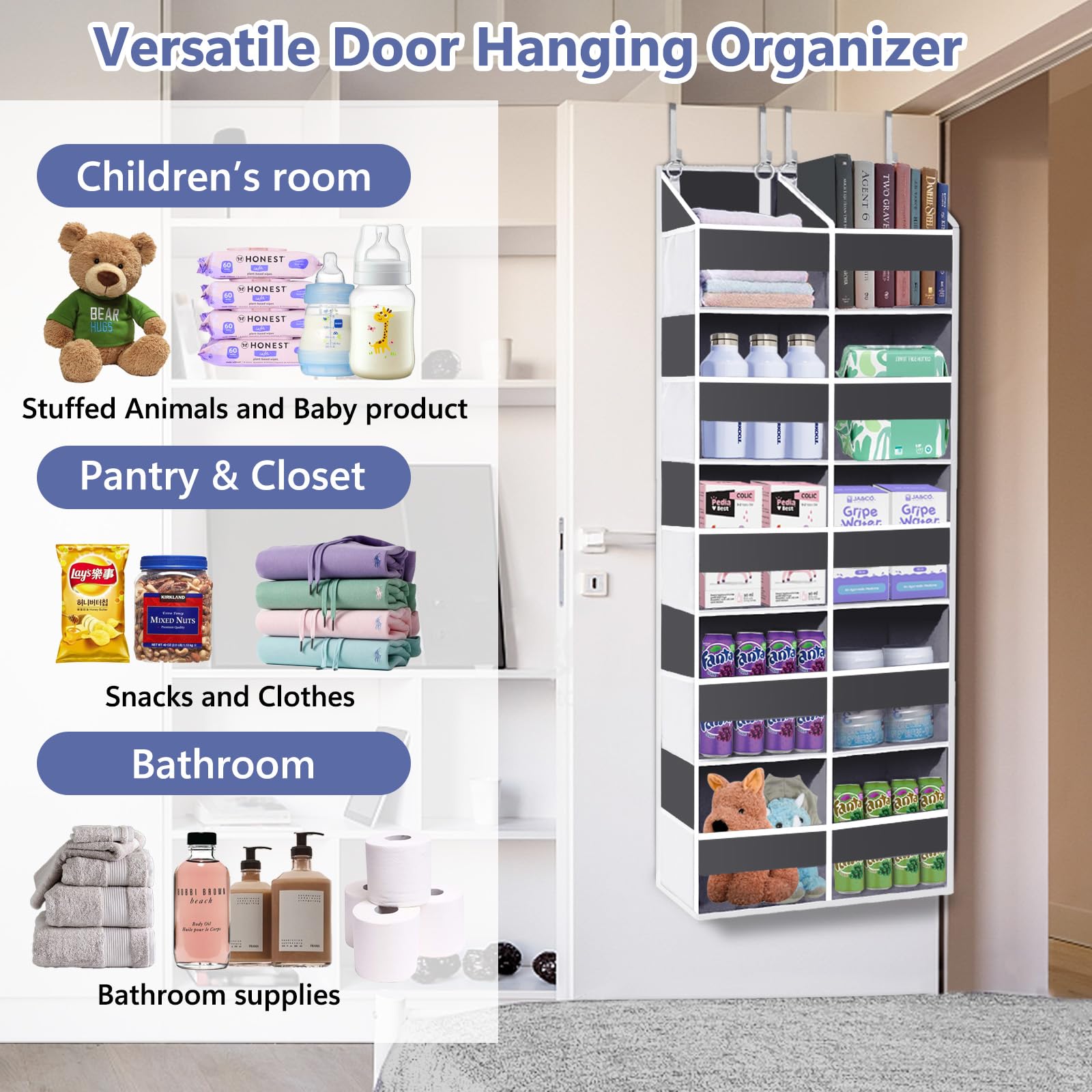 Heavy Duty Over The Door Organizer 5 Tiers, Extra Large Behind Door Storage of 10 Big Front & 10 Mesh Pockets, 80lb Weight Capacity, Hanging Doors Storage Organizer for Closet Bedroom Nursery, Grey