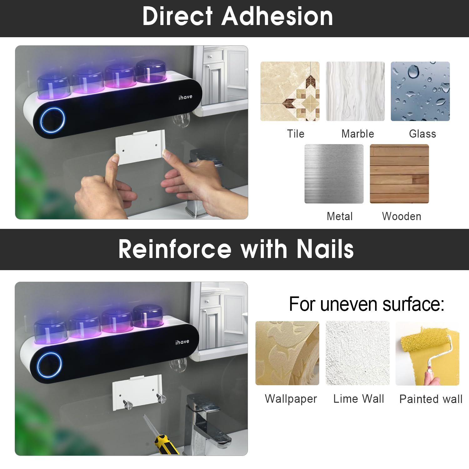 iHave Wall Mounted Electric Toothbrush Holders with 3 Cups, UV Sanitizer, Toothpaste Dispenser, Smart Home Bathroom Accessories & Decor, Black