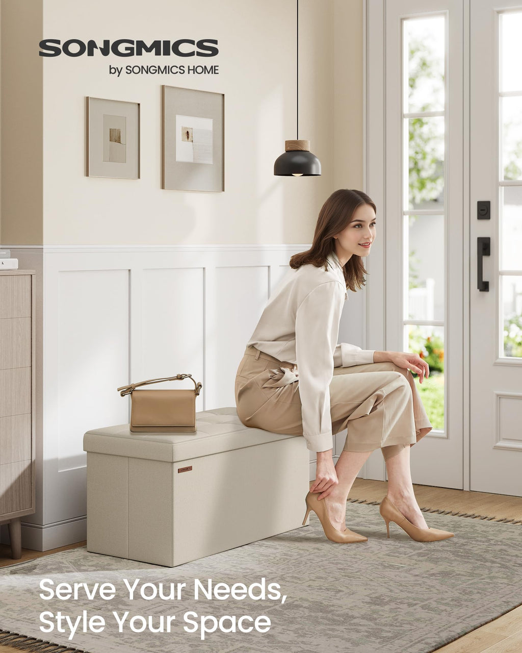 SONGMICS Mazie Collection - 30 Inches Folding Storage Ottoman Bench, Ottoman Foot Rest, End of Bed Bench, Storage Chest, Load 660 lb, for Living Room, Bedroom, Entryway, Ink Black ULSF047B01