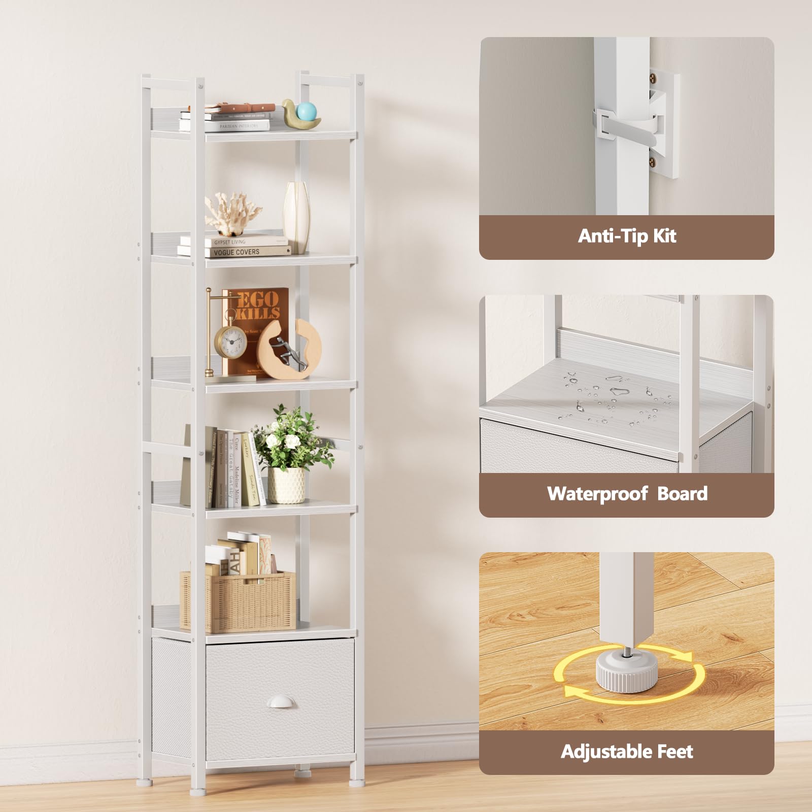 Furologee 5 Tier Bookshelf with Drawer, Tall Narrow Bookcase with Shelves, Wood and Metal Bookshelves Storage Organizer, Industrial Display Standing Shelf Unit for Bedroom, Living Room, Rustic Brown