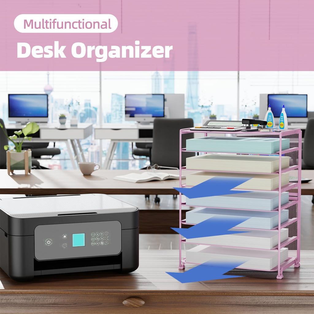 Simple Trending 7 Tier Desk File Organizer, Letter Tray Paper Organizer with Pen Holder and Metal Hanging Basket, Black