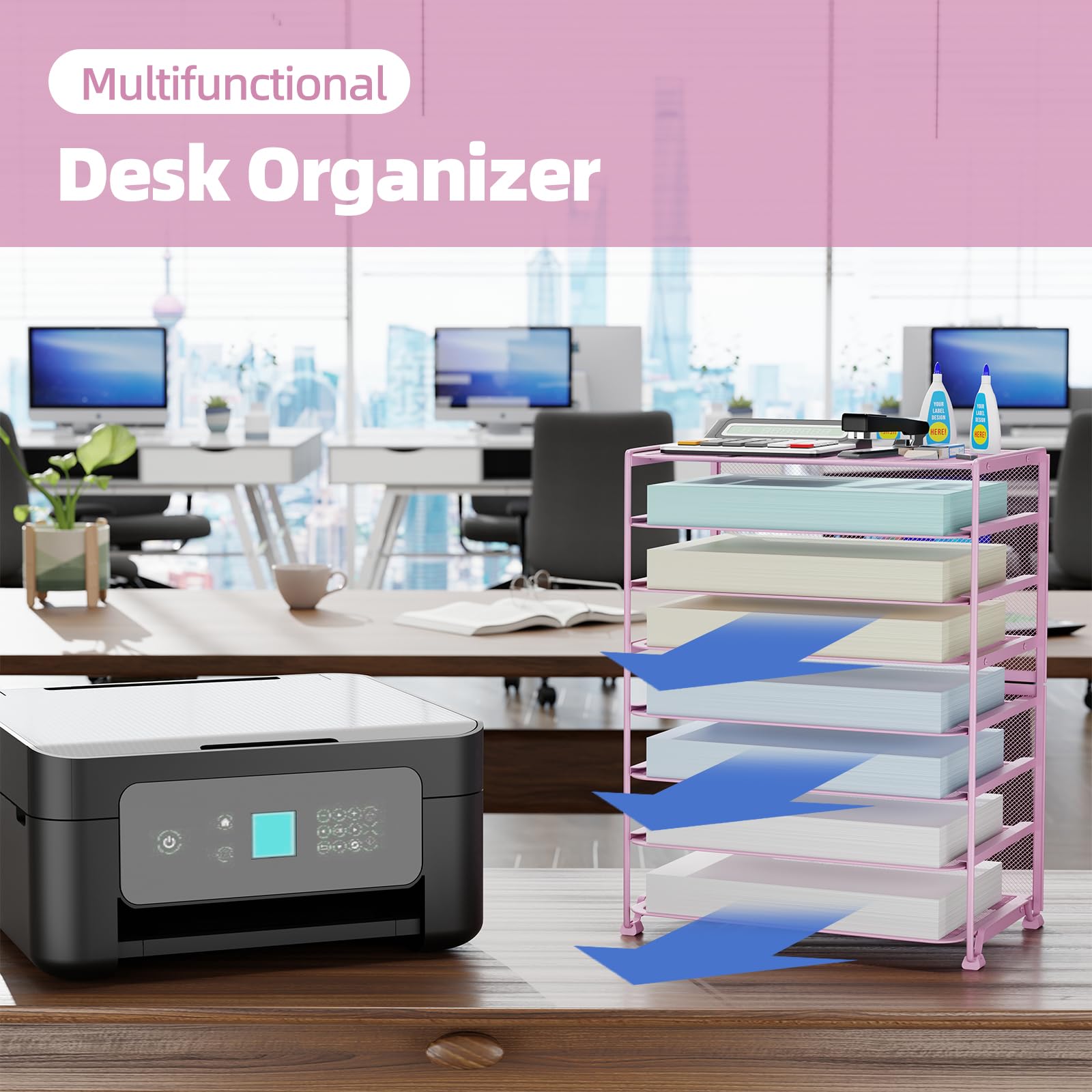 Simple Trending 7 Tier Desk File Organizer, Letter Tray Paper Organizer with Pen Holder and Metal Hanging Basket, Black