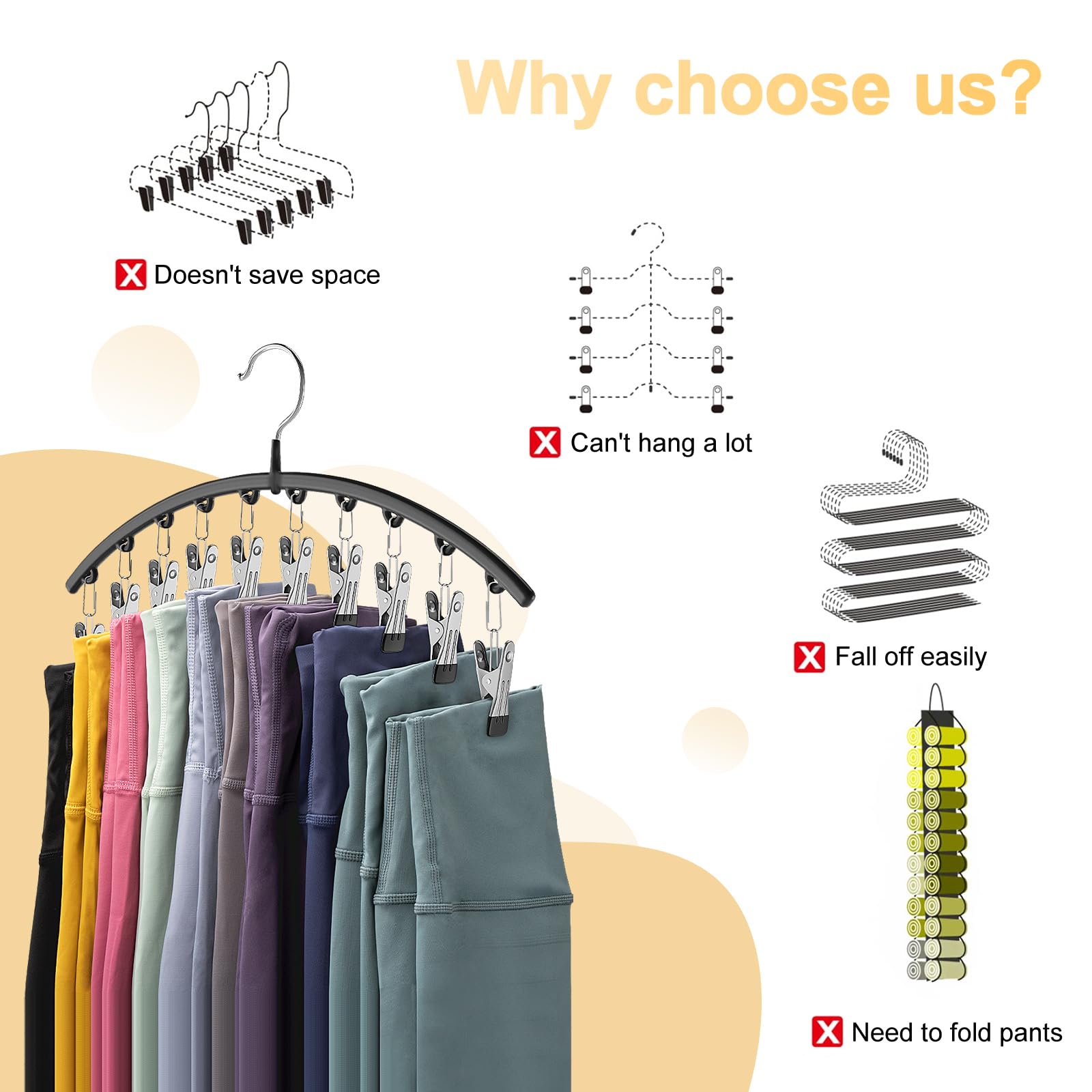 Legging Organizer for Closet, Metal Yoga Pants Hangers 2 Pack w/10 Clips Holds 20 Leggings, Space Saving Hanging Closet Organizer w/Rubber Coated Closet Organizers and Storage, Black