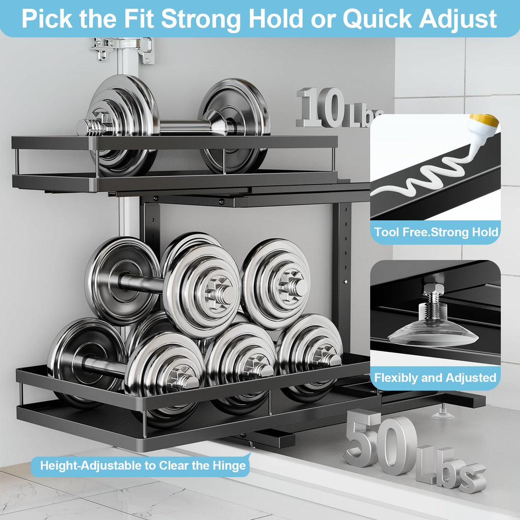 Under Sink Organizer, JCYLQ Dual-Rail Ball-Bearing, Under Kitchen Sink Organizer, 6-Level Adjustable, Under Cabinet Storage, No-Drill Adhesive/Suction, Under Sink Organizers and Storage (2-Pack)