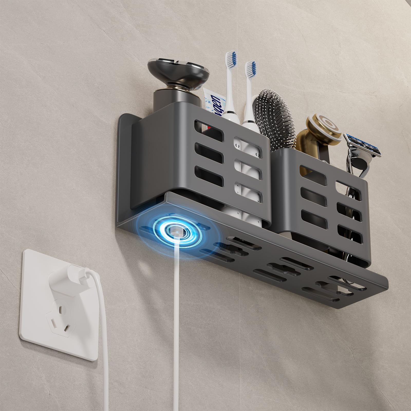 Aluminum Toothbrush Holder Self-Adhesive Hanging Bracket Shower Toothbrush Razor Holder Suitable for Toothbrush, Toothpaste, Razor and Comb etc Bathroom Storage