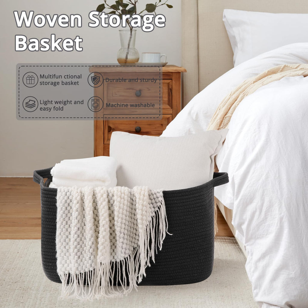 95L Extra Large Blanket Basket, 24" x 16.9" x 14.2" Woven Storage Basket for Living Room, Rectangle Nursery Blanket Storage for Toys, Towels, Dirty Clothes (Black)