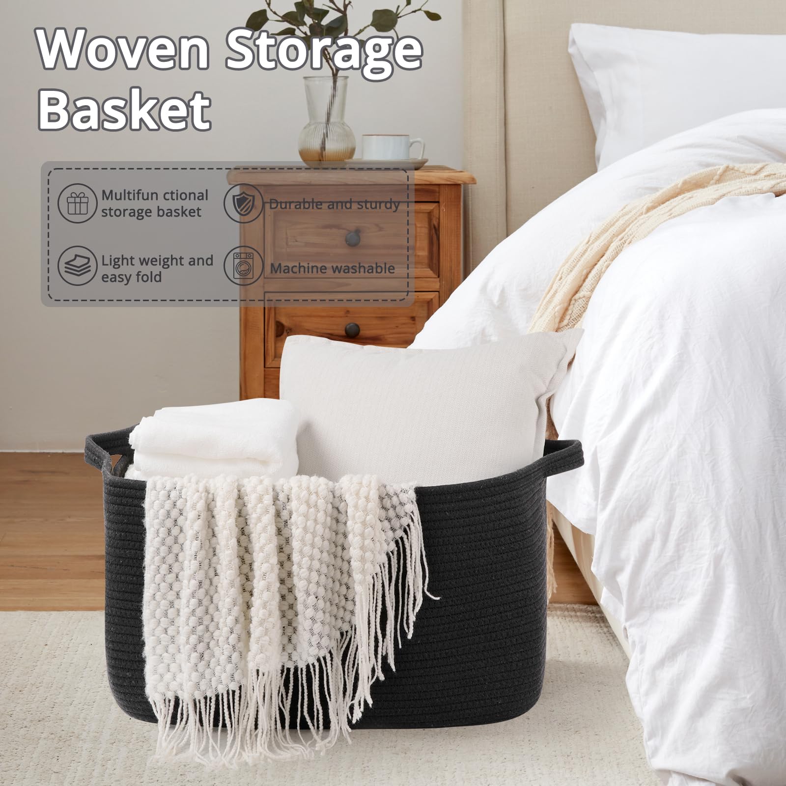 95L Extra Large Blanket Basket, 24" x 16.9" x 14.2" Woven Storage Basket for Living Room, Rectangle Nursery Blanket Storage for Toys, Towels, Dirty Clothes (Black)