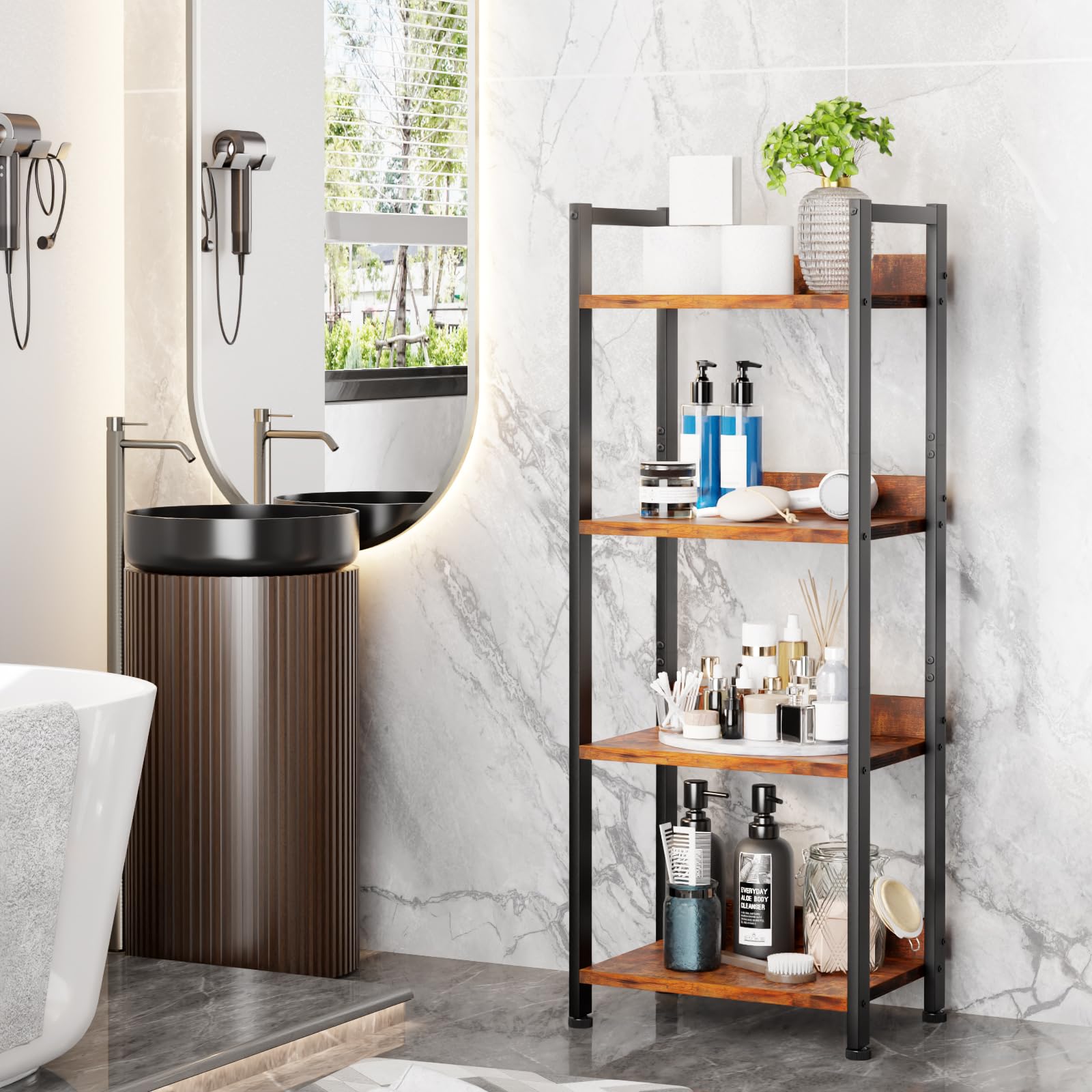 Furologee 5 Tier Bookshelf with Drawer, Tall Narrow Bookcase with Shelves, Wood and Metal Bookshelves Storage Organizer, Industrial Display Standing Shelf Unit for Bedroom, Living Room, Rustic Brown