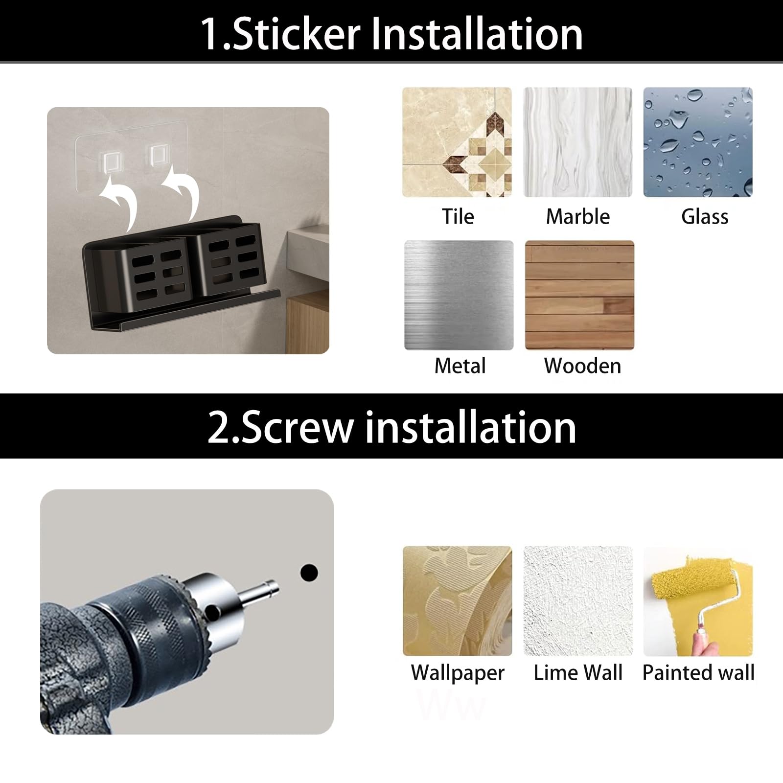 Aluminum Toothbrush Holder Self-Adhesive Hanging Bracket Shower Toothbrush Razor Holder Suitable for Toothbrush, Toothpaste, Razor and Comb etc Bathroom Storage