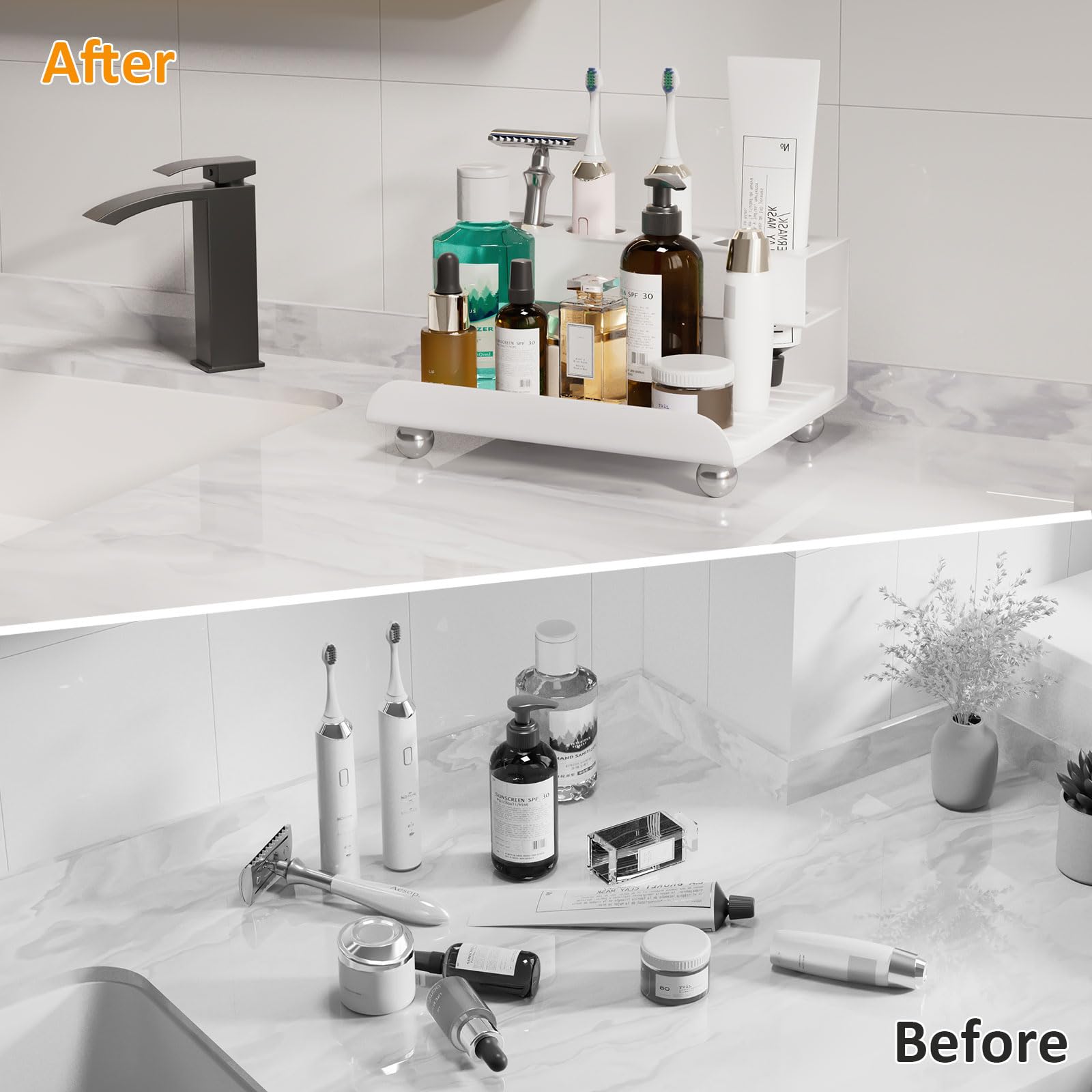 Quick Dry Electric Toothbrush Holder 4 Slots Metal Bathroom Counter Organizer for Toothpaste Razor Mouthwash, White