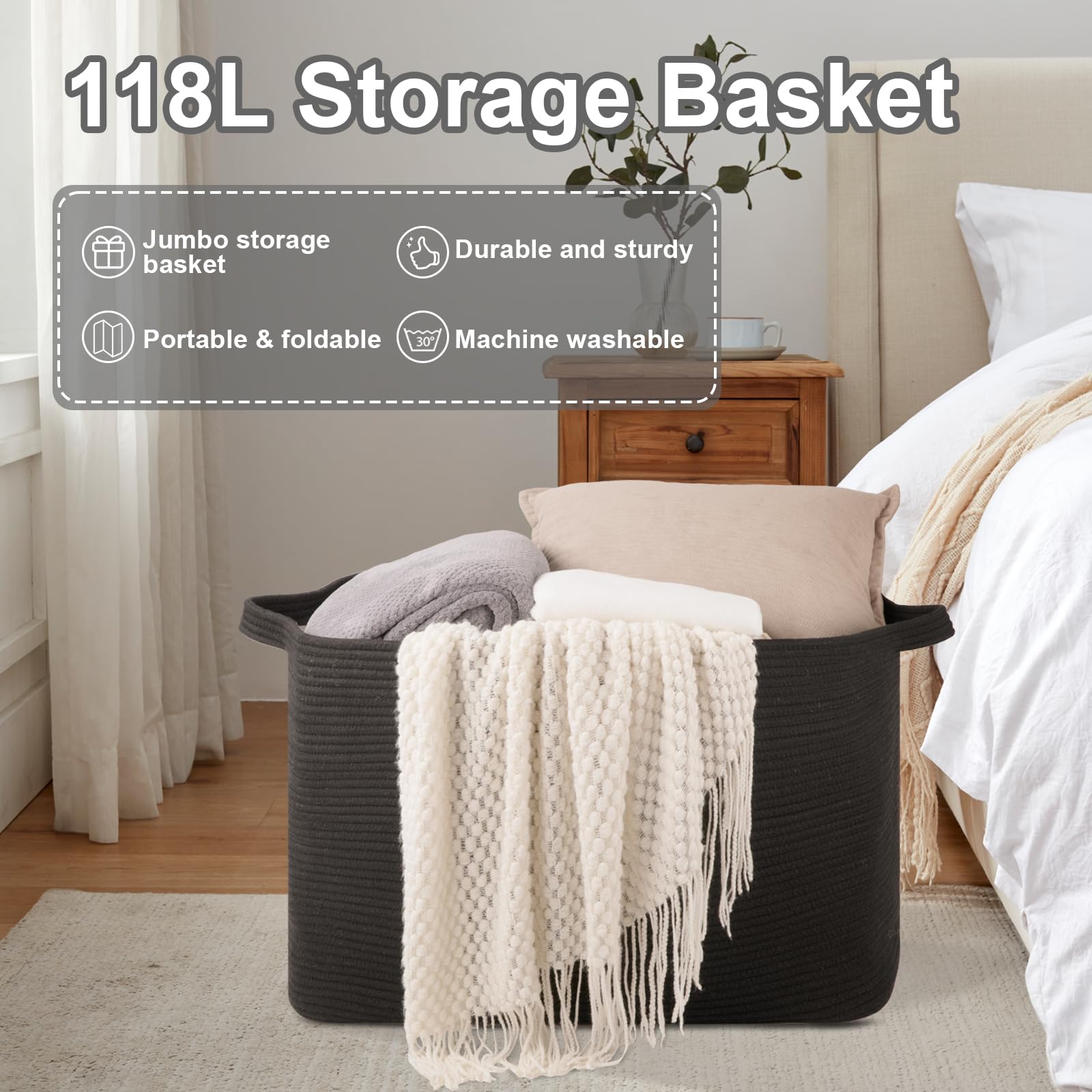 95L Extra Large Blanket Basket, 24" x 16.9" x 14.2" Woven Storage Basket for Living Room, Rectangle Nursery Blanket Storage for Toys, Towels, Dirty Clothes (Black)