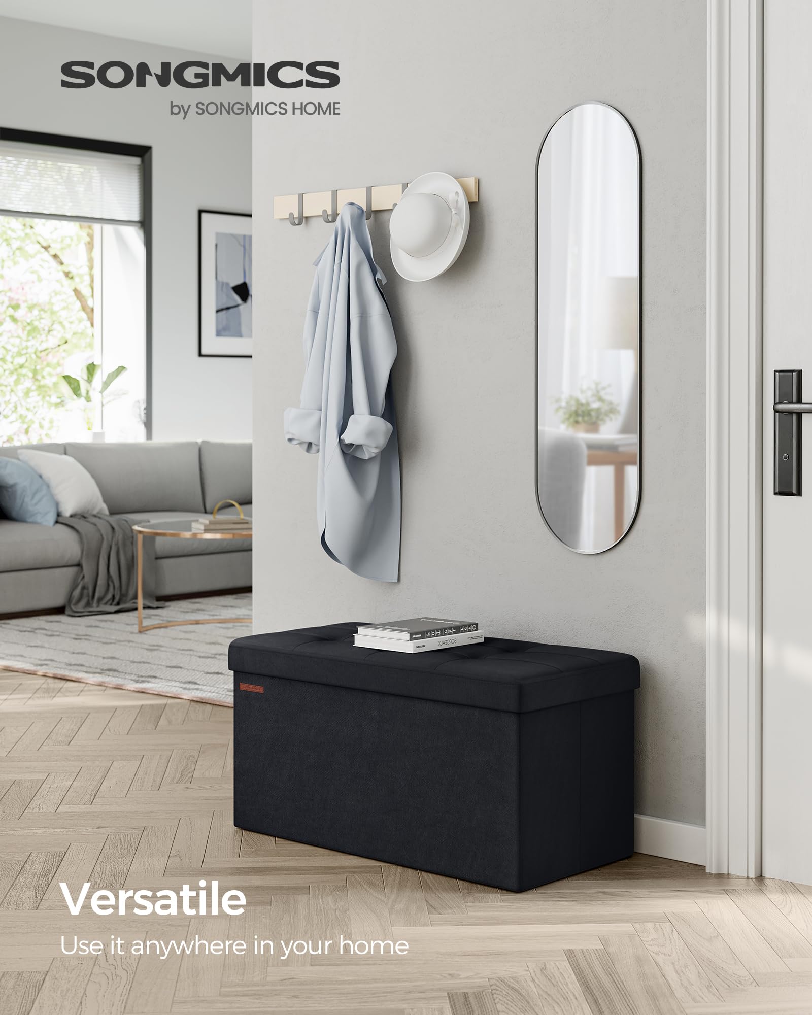 SONGMICS Mazie Collection - Storage Ottoman Bench, Foldable Foot Rest, 15 x 43 x 15 Inches, End of Bed Bench, Storage Chest, Load 660 lb, Living Room, Bedroom, Entryway, Jelly Pink ULSF277R01