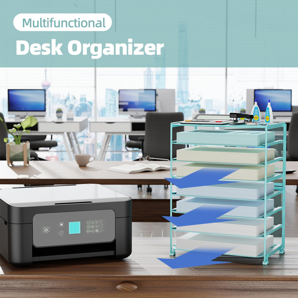 Simple Trending 7 Tier Desk File Organizer, Letter Tray Paper Organizer with Pen Holder and Metal Hanging Basket, Black