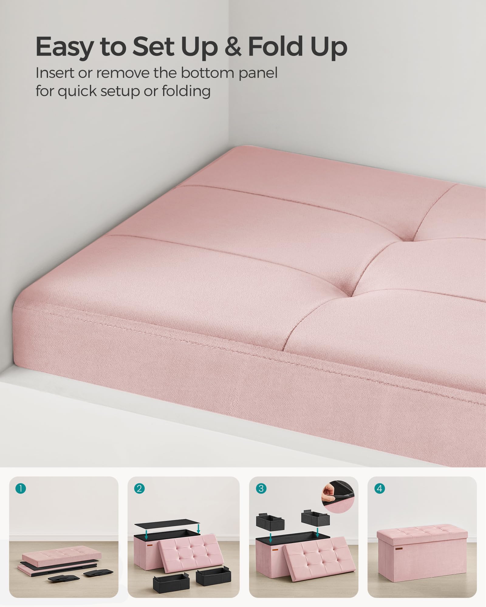 SONGMICS Mazie Collection - Storage Ottoman Bench, Foldable Foot Rest, 15 x 43 x 15 Inches, End of Bed Bench, Storage Chest, Load 660 lb, Living Room, Bedroom, Entryway, Jelly Pink ULSF277R01