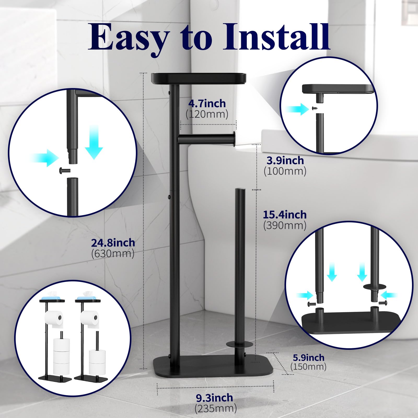 Kitsure Toilet Paper Holder Free Standing – Rustproof Metal Toilet Paper Stand for 4 Rolls with Anti-Slip Base and Shelf for Phone & Small Items, Bathroom Organizers and Storage, Medium, Black