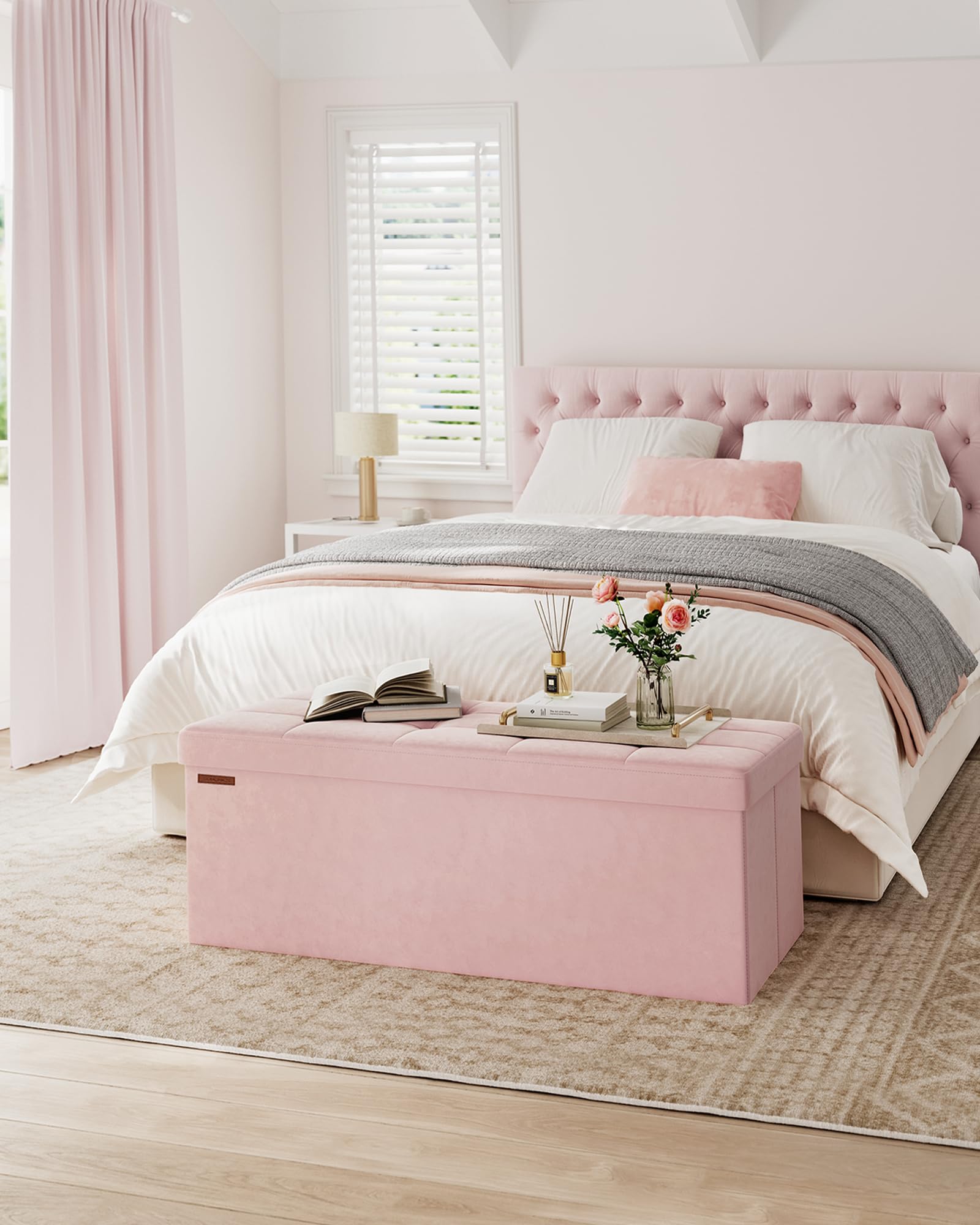 SONGMICS Mazie Collection - Storage Ottoman Bench, Foldable Foot Rest, 15 x 43 x 15 Inches, End of Bed Bench, Storage Chest, Load 660 lb, Living Room, Bedroom, Entryway, Jelly Pink ULSF277R01