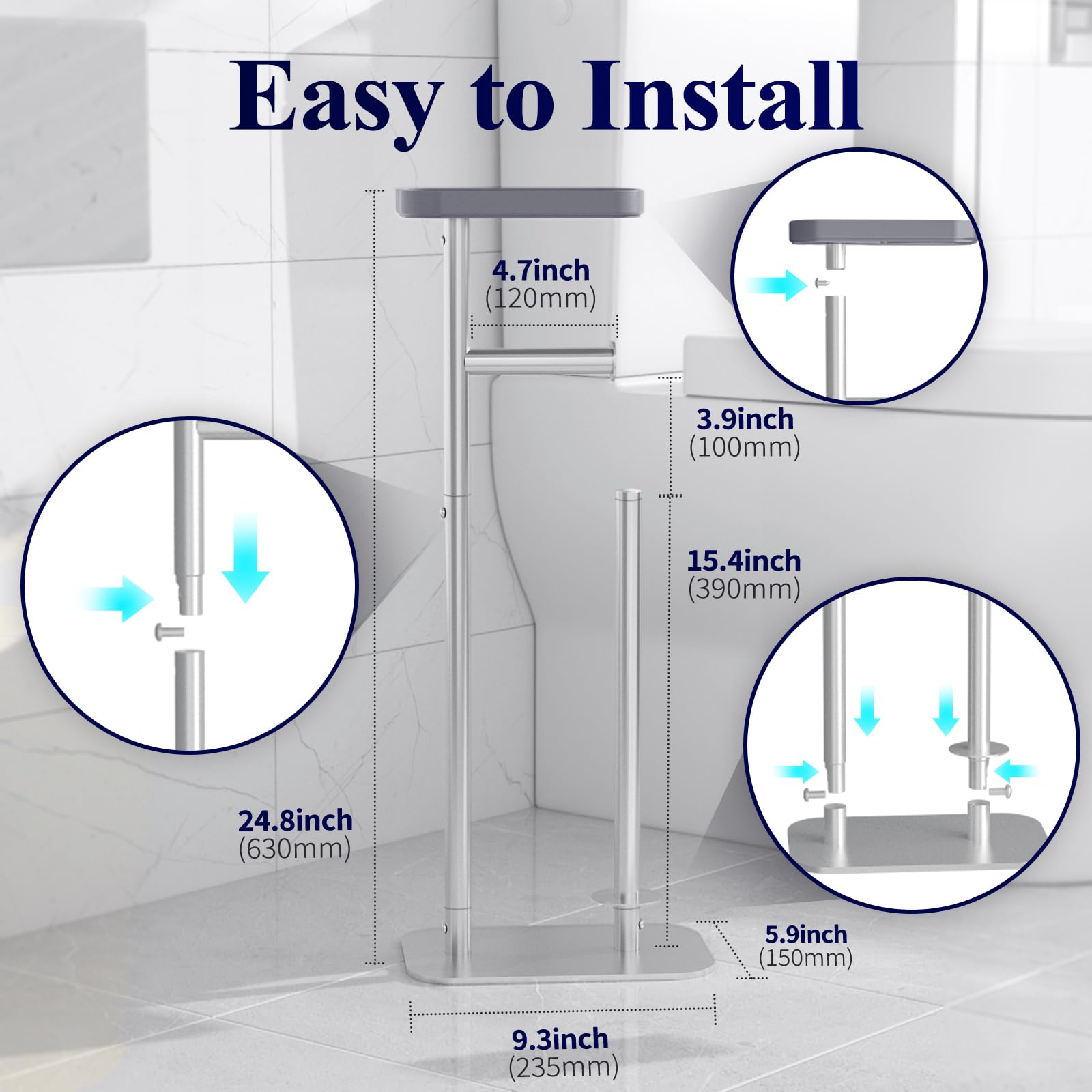 Kitsure Toilet Paper Holder Free Standing – Rustproof Metal Toilet Paper Stand for 4 Rolls with Anti-Slip Base and Shelf for Phone & Small Items, Bathroom Organizers and Storage, Medium, Black