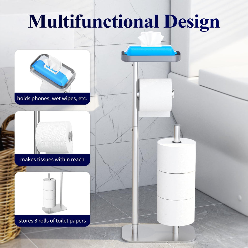 Kitsure Toilet Paper Holder Free Standing – Rustproof Metal Toilet Paper Stand for 4 Rolls with Anti-Slip Base and Shelf for Phone & Small Items, Bathroom Organizers and Storage, Medium, Black