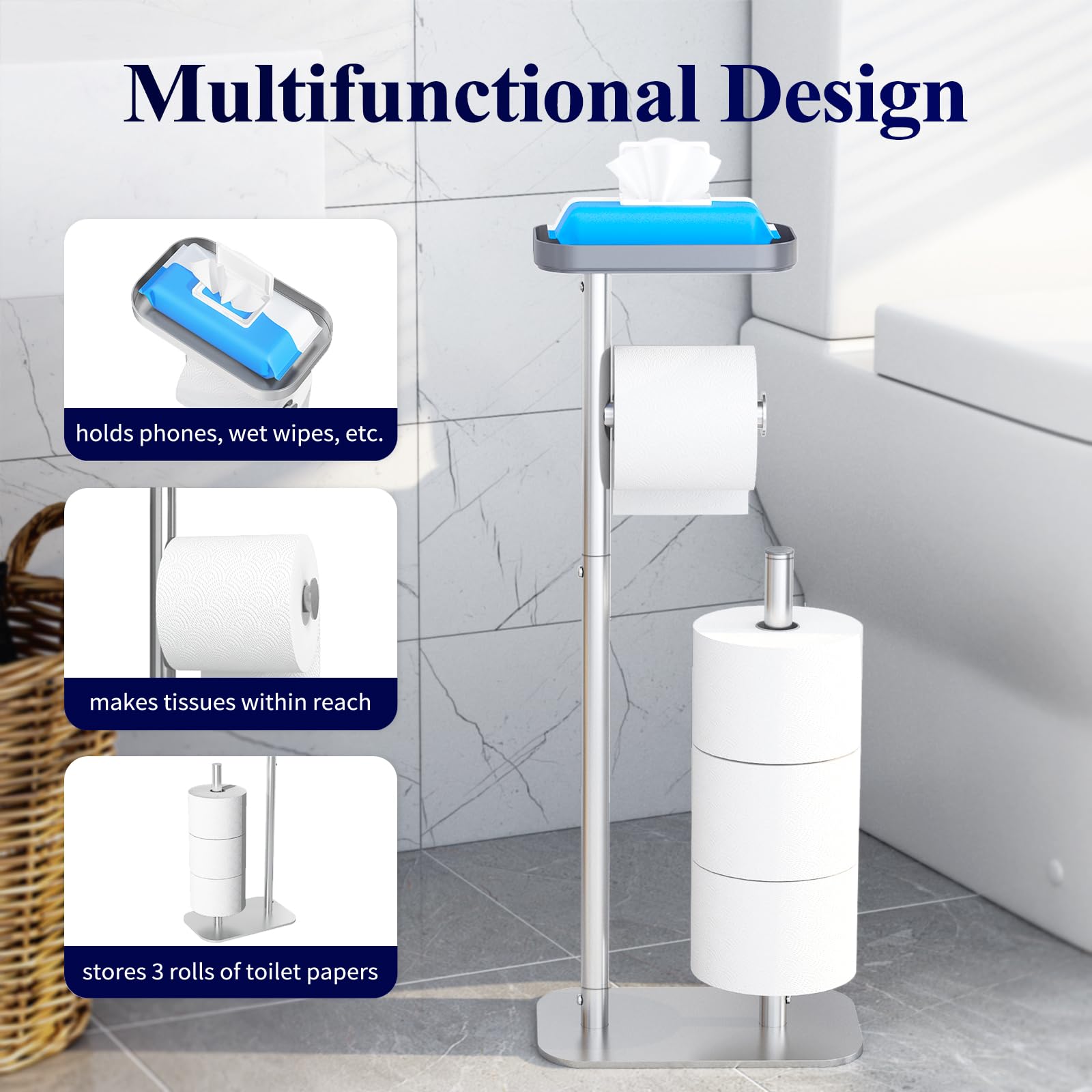 Kitsure Toilet Paper Holder Free Standing – Rustproof Metal Toilet Paper Stand for 4 Rolls with Anti-Slip Base and Shelf for Phone & Small Items, Bathroom Organizers and Storage, Medium, Black