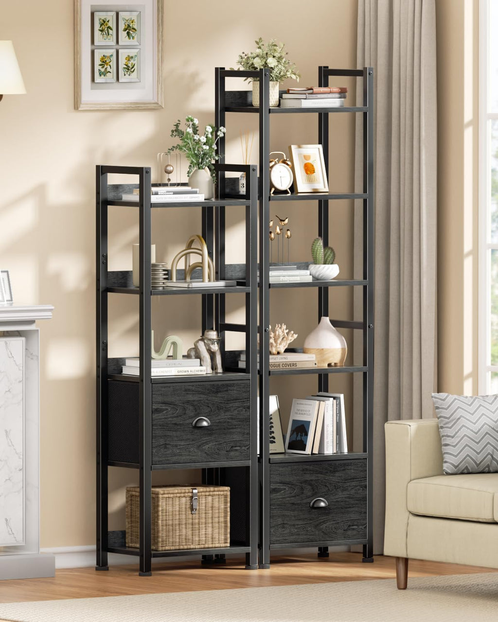 Furologee 5 Tier Bookshelf with Drawer, Tall Narrow Bookcase with Shelves, Wood and Metal Bookshelves Storage Organizer, Industrial Display Standing Shelf Unit for Bedroom, Living Room, Rustic Brown