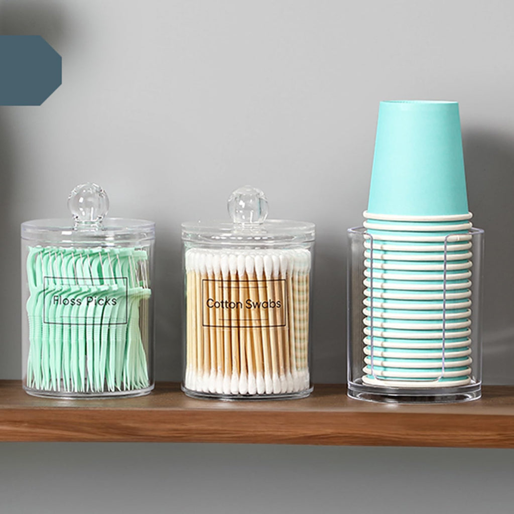 4 Pack Acrylic Qtip Holder Dispenser for Cotton Swabs, Balls, Pads, Floss Picks- Small Clear Plastic Canister Apothecary Jar Set, Bathroom Essentials Accessories Decor, Vanity Makeup Storage Organizer