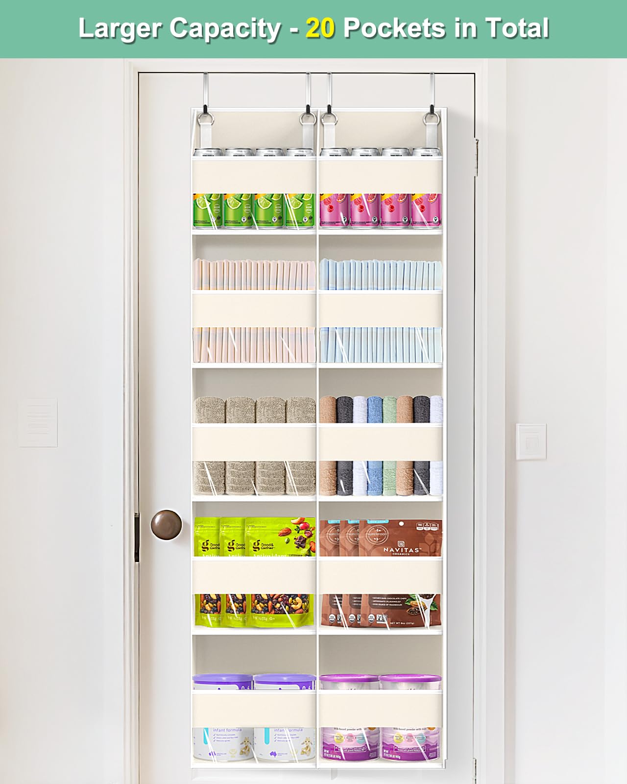 Heavy Duty Over The Door Organizer 5 Tiers, Extra Large Behind Door Storage of 10 Big Front & 10 Mesh Pockets, 80lb Weight Capacity, Hanging Doors Storage Organizer for Closet Bedroom Nursery, Grey