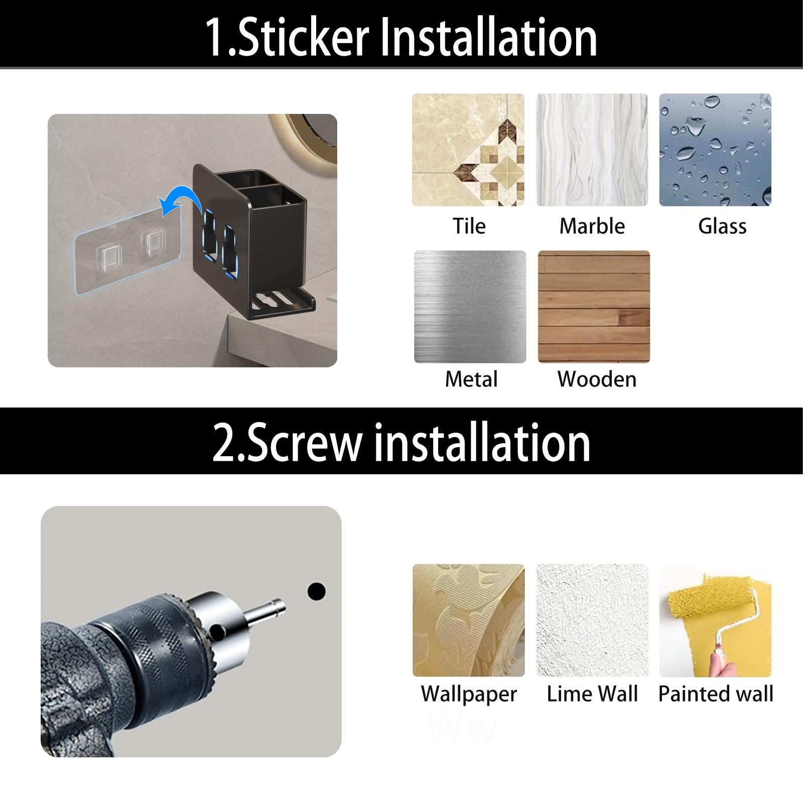 Aluminum Toothbrush Holder Self-Adhesive Hanging Bracket Shower Toothbrush Razor Holder Suitable for Toothbrush, Toothpaste, Razor and Comb etc Bathroom Storage