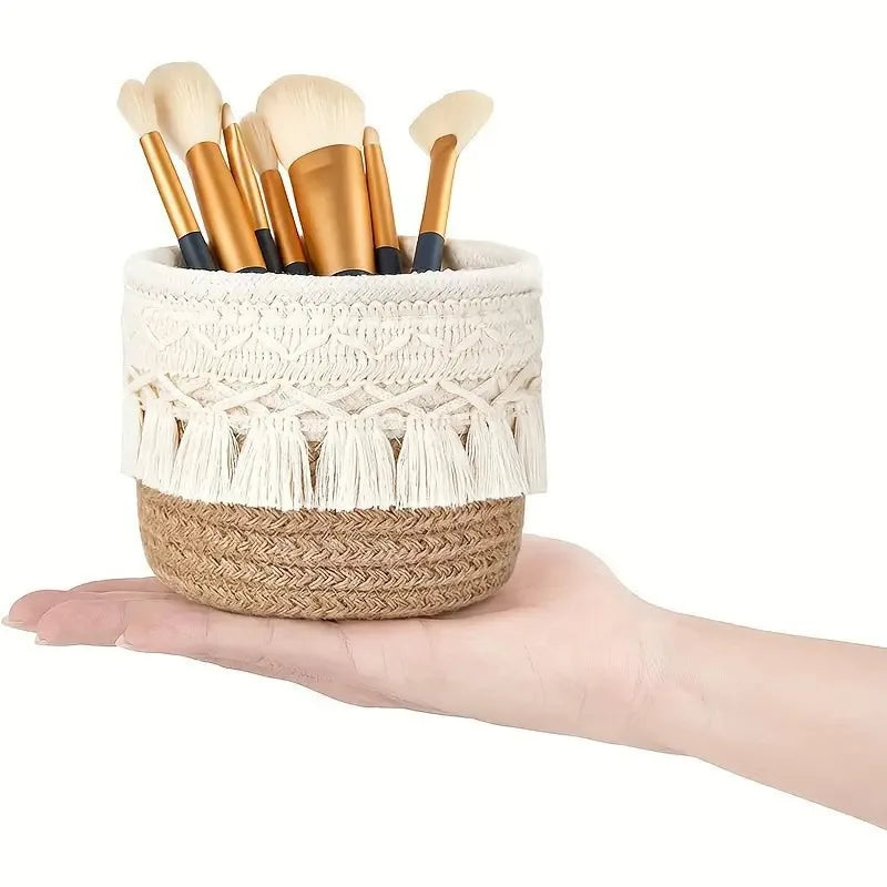 Cosmetic Storage Basket Cotton Woven Makeup Brush Holder Bedroom Decor Organizer Case Desktop Sundries Tidy Box With Tassel