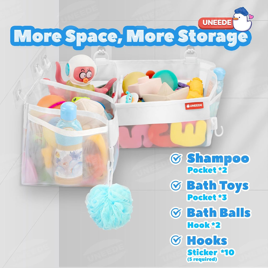 UNEEDE Bath Toy Storage - 3 Compartment Corner Bath Toy Storage Organizer, 4 Gallons Quick-Drying Bath Toy Holder, Machine-Washable Bathtub Toy Storage for Classify Toys & Bath Supplies