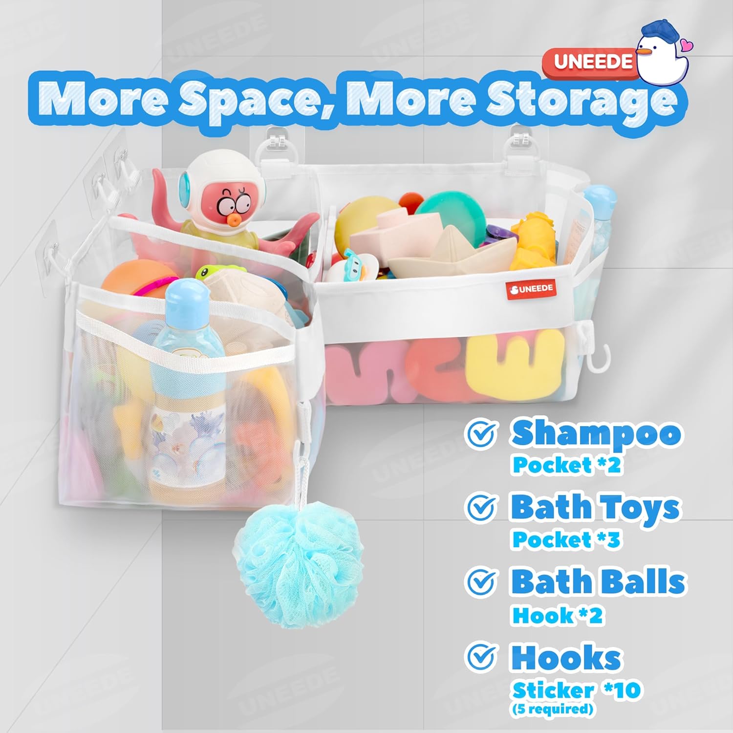 UNEEDE Bath Toy Storage - 3 Compartment Corner Bath Toy Storage Organizer, 4 Gallons Quick-Drying Bath Toy Holder, Machine-Washable Bathtub Toy Storage for Classify Toys & Bath Supplies