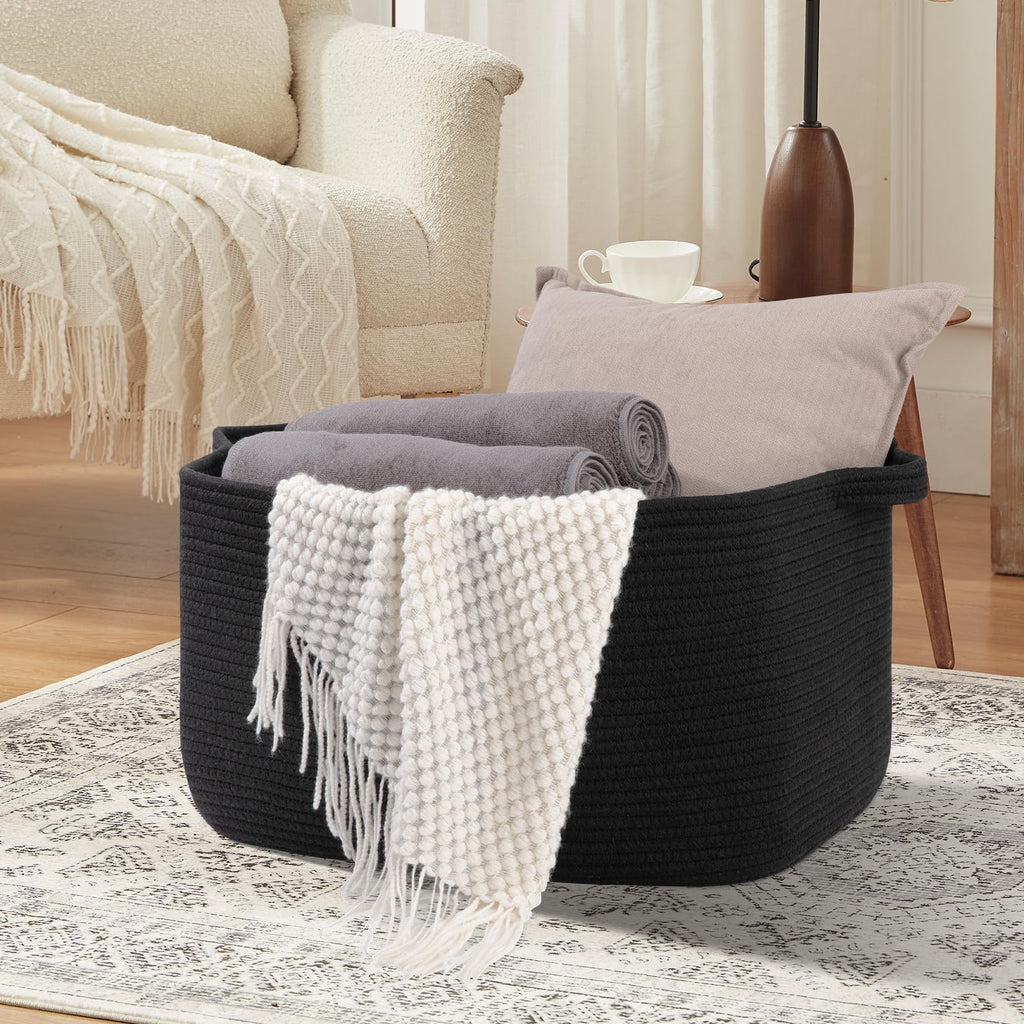 95L Extra Large Blanket Basket, 24" x 16.9" x 14.2" Woven Storage Basket for Living Room, Rectangle Nursery Blanket Storage for Toys, Towels, Dirty Clothes (Black)