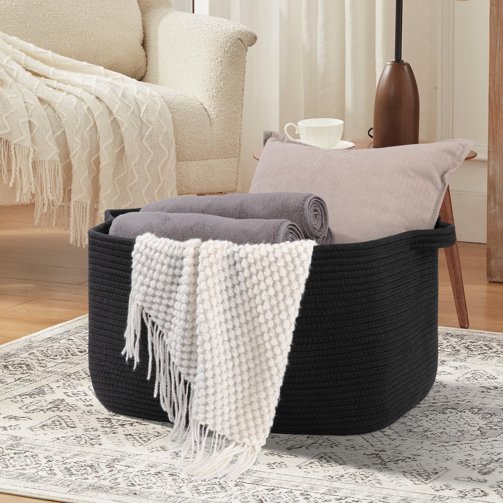 95L Extra Large Blanket Basket, 24" x 16.9" x 14.2" Woven Storage Basket for Living Room, Rectangle Nursery Blanket Storage for Toys, Towels, Dirty Clothes (Black)