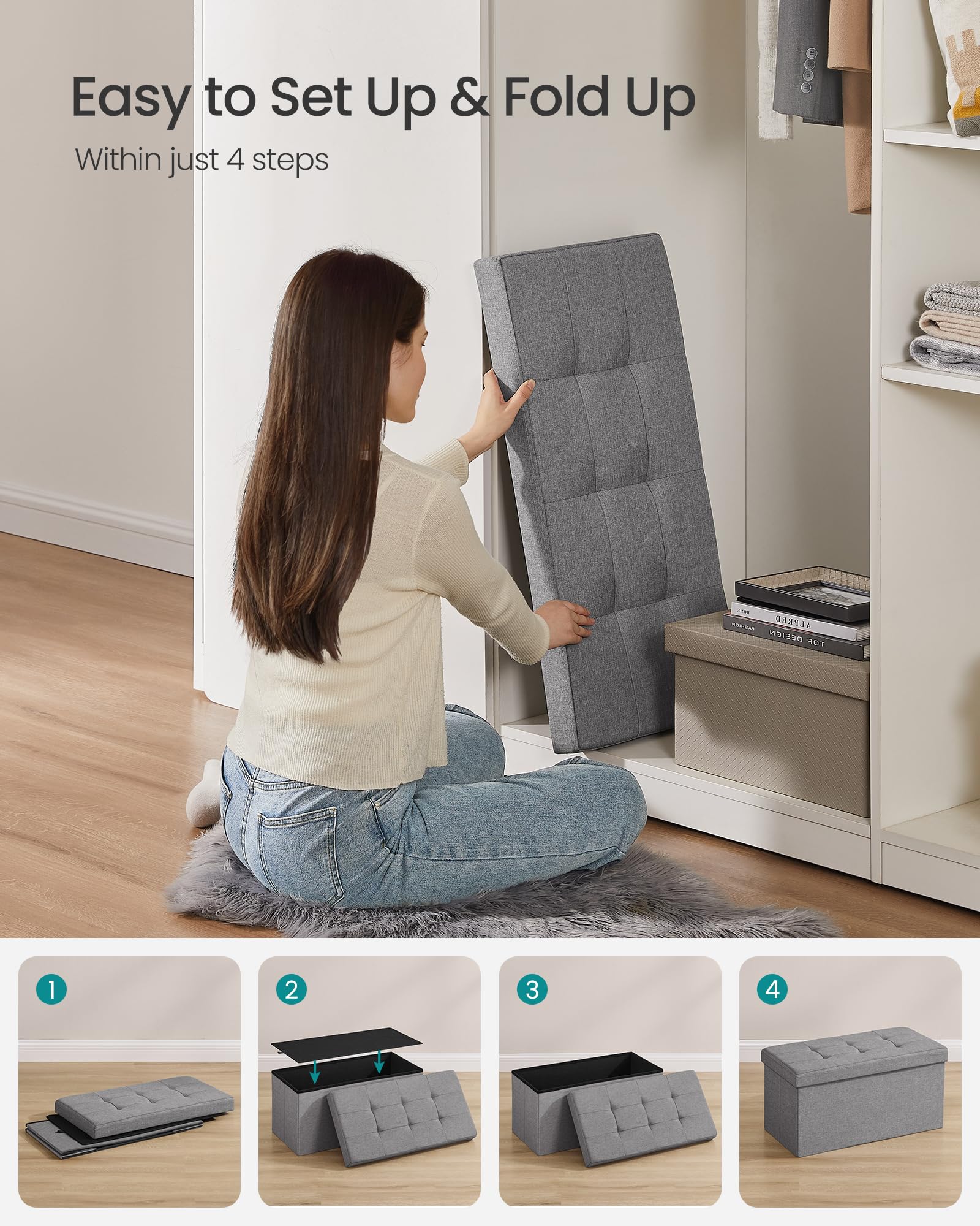 SONGMICS Mazie Collection - 30 Inches Folding Storage Ottoman Bench, Ottoman Foot Rest, End of Bed Bench, Storage Chest, Load 660 lb, for Living Room, Bedroom, Entryway, Ink Black ULSF047B01