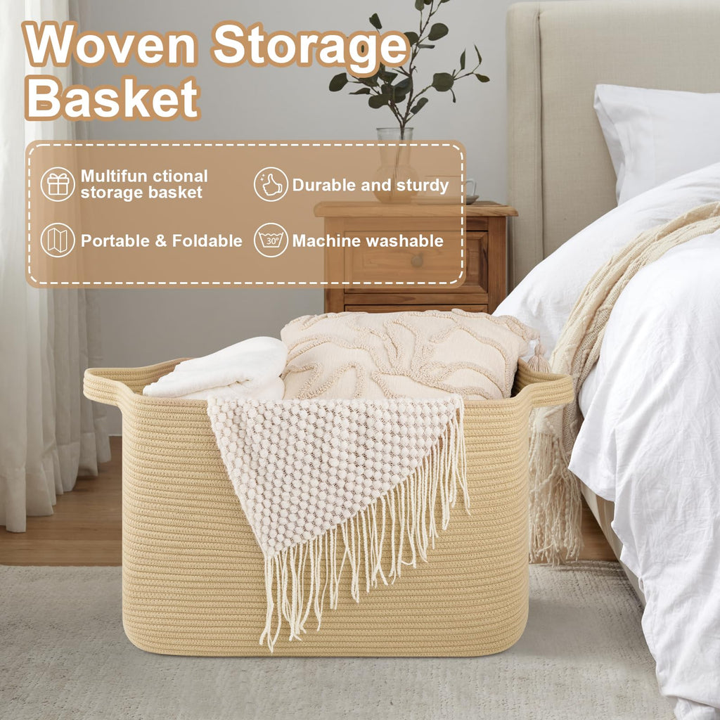 95L Extra Large Blanket Basket, 24" x 16.9" x 14.2" Woven Storage Basket for Living Room, Rectangle Nursery Blanket Storage for Toys, Towels, Dirty Clothes (Black)