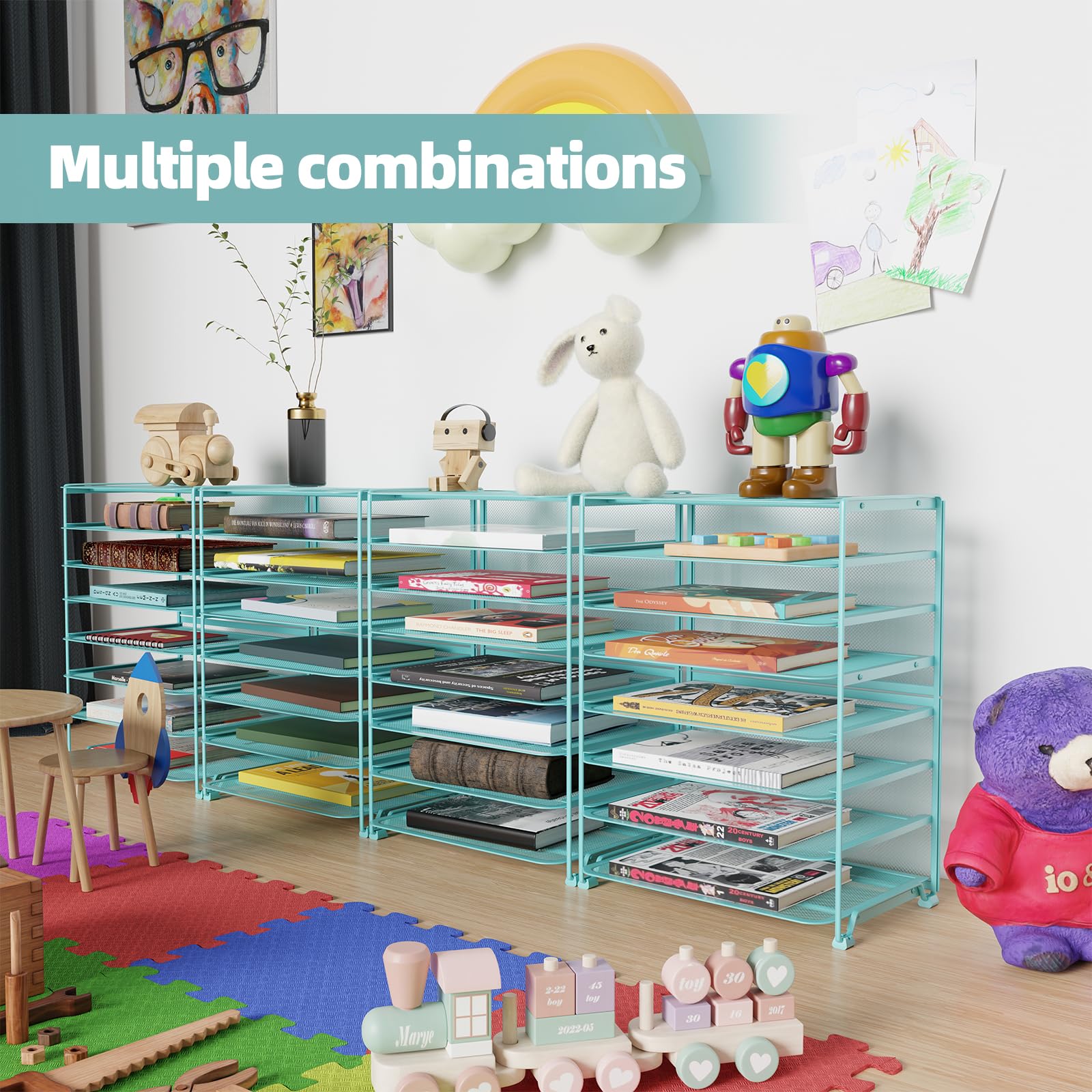 Simple Trending 7 Tier Desk File Organizer, Letter Tray Paper Organizer with Pen Holder and Metal Hanging Basket, Black