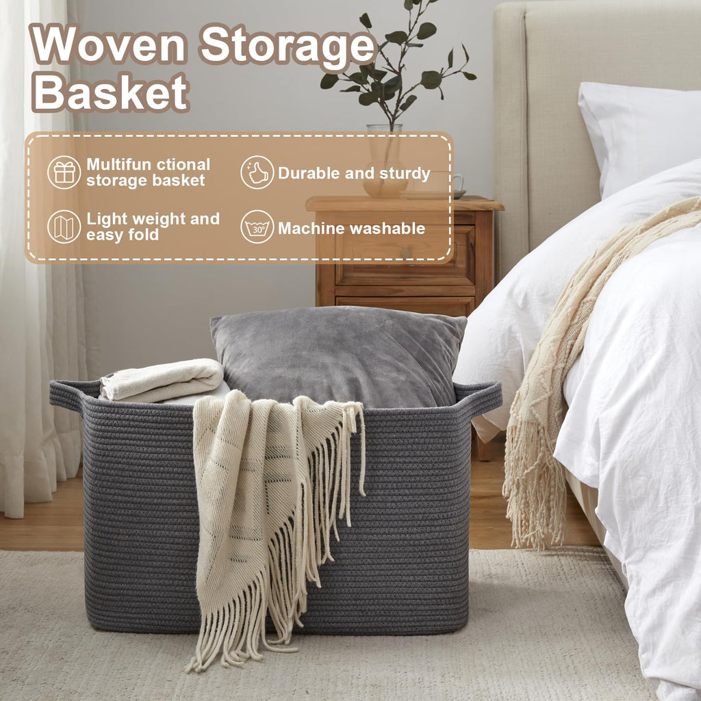95L Extra Large Blanket Basket, 24" x 16.9" x 14.2" Woven Storage Basket for Living Room, Rectangle Nursery Blanket Storage for Toys, Towels, Dirty Clothes (Black)