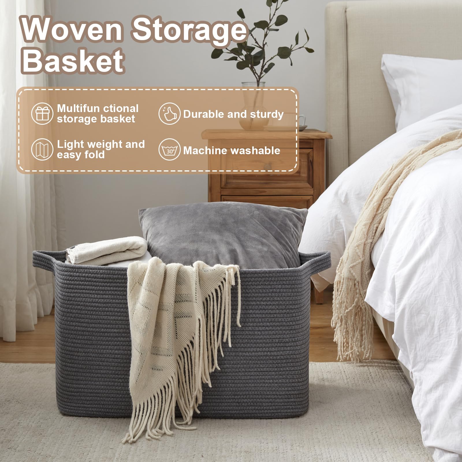 95L Extra Large Blanket Basket, 24" x 16.9" x 14.2" Woven Storage Basket for Living Room, Rectangle Nursery Blanket Storage for Toys, Towels, Dirty Clothes (Black)
