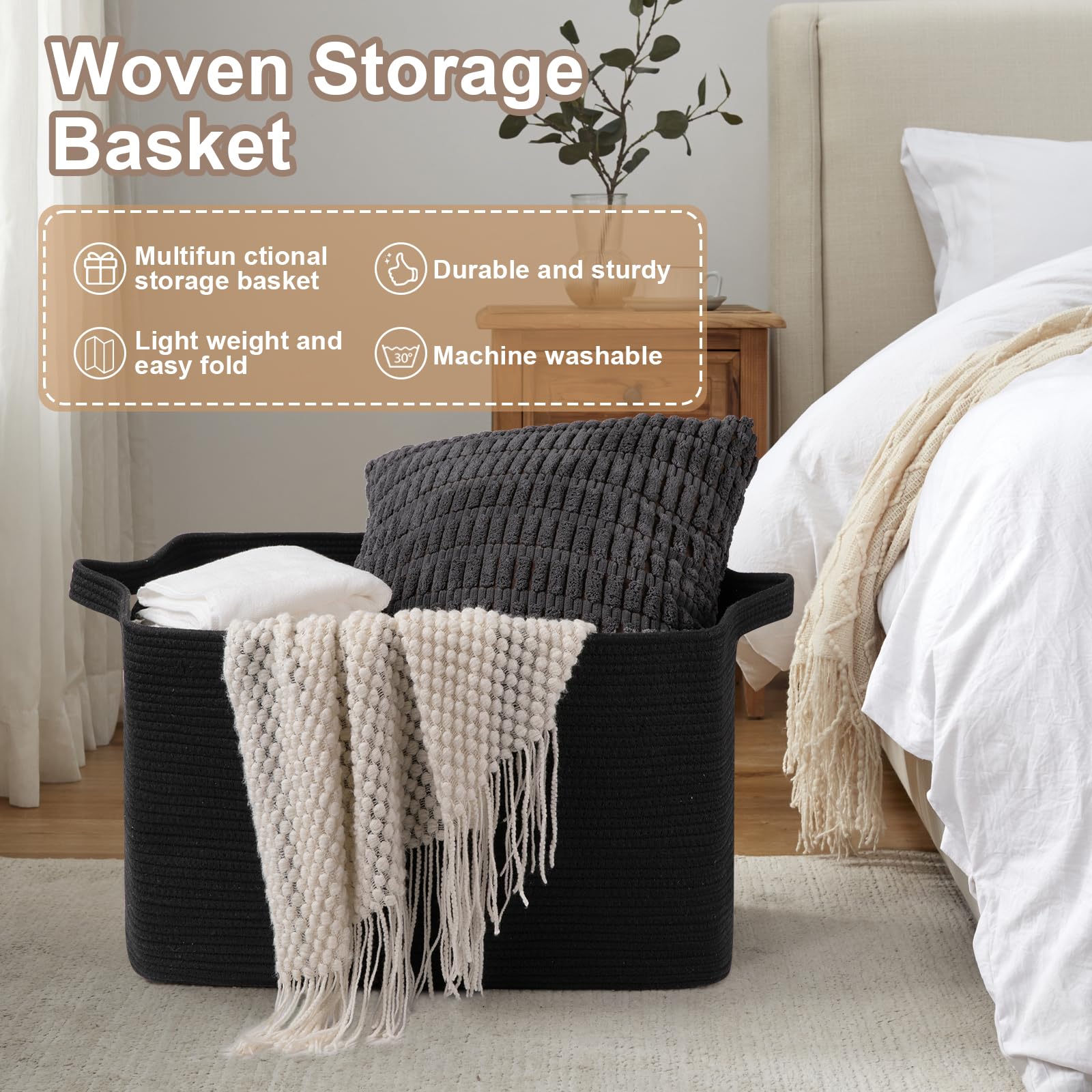 95L Extra Large Blanket Basket, 24" x 16.9" x 14.2" Woven Storage Basket for Living Room, Rectangle Nursery Blanket Storage for Toys, Towels, Dirty Clothes (Black)