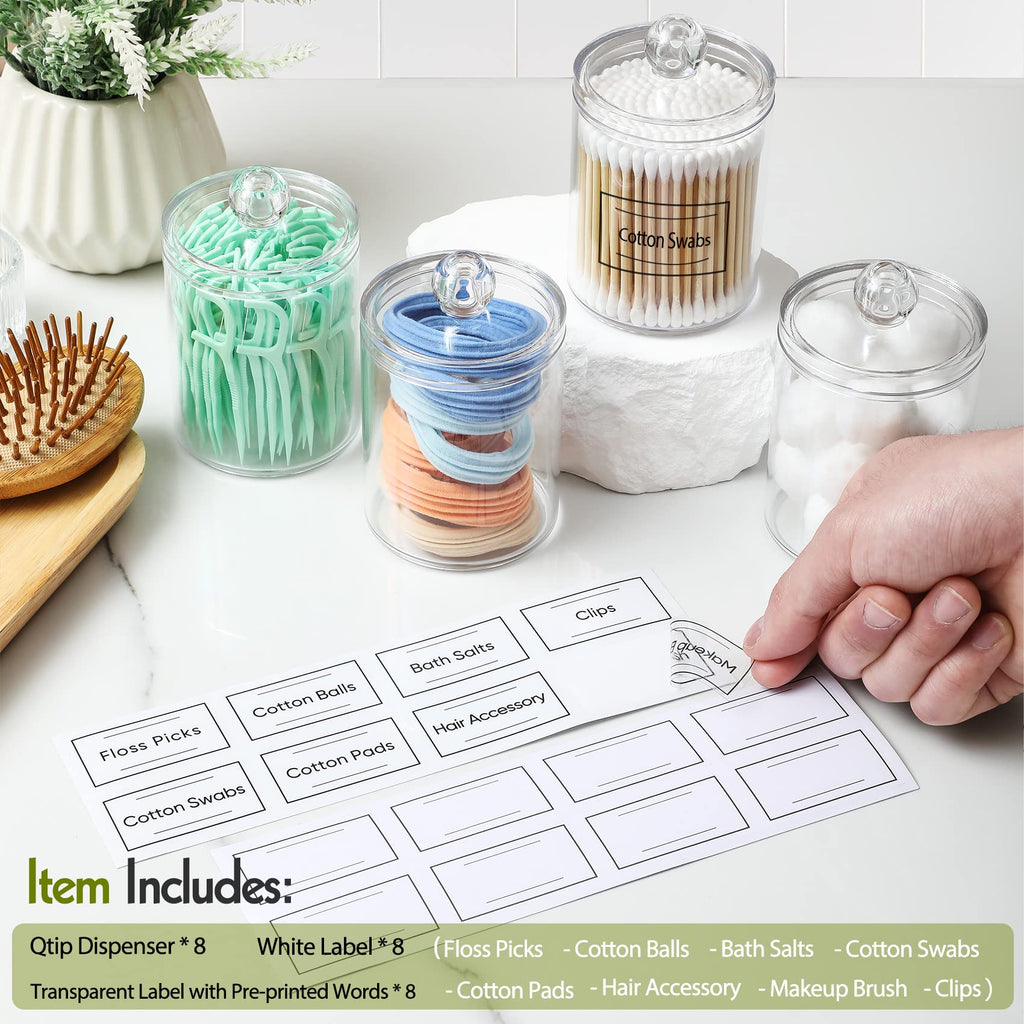 4 Pack Acrylic Qtip Holder Dispenser for Cotton Swabs, Balls, Pads, Floss Picks- Small Clear Plastic Canister Apothecary Jar Set, Bathroom Essentials Accessories Decor, Vanity Makeup Storage Organizer