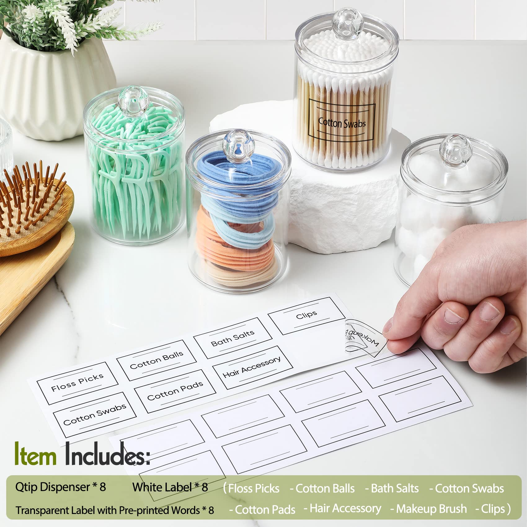 4 Pack Acrylic Qtip Holder Dispenser for Cotton Swabs, Balls, Pads, Floss Picks- Small Clear Plastic Canister Apothecary Jar Set, Bathroom Essentials Accessories Decor, Vanity Makeup Storage Organizer