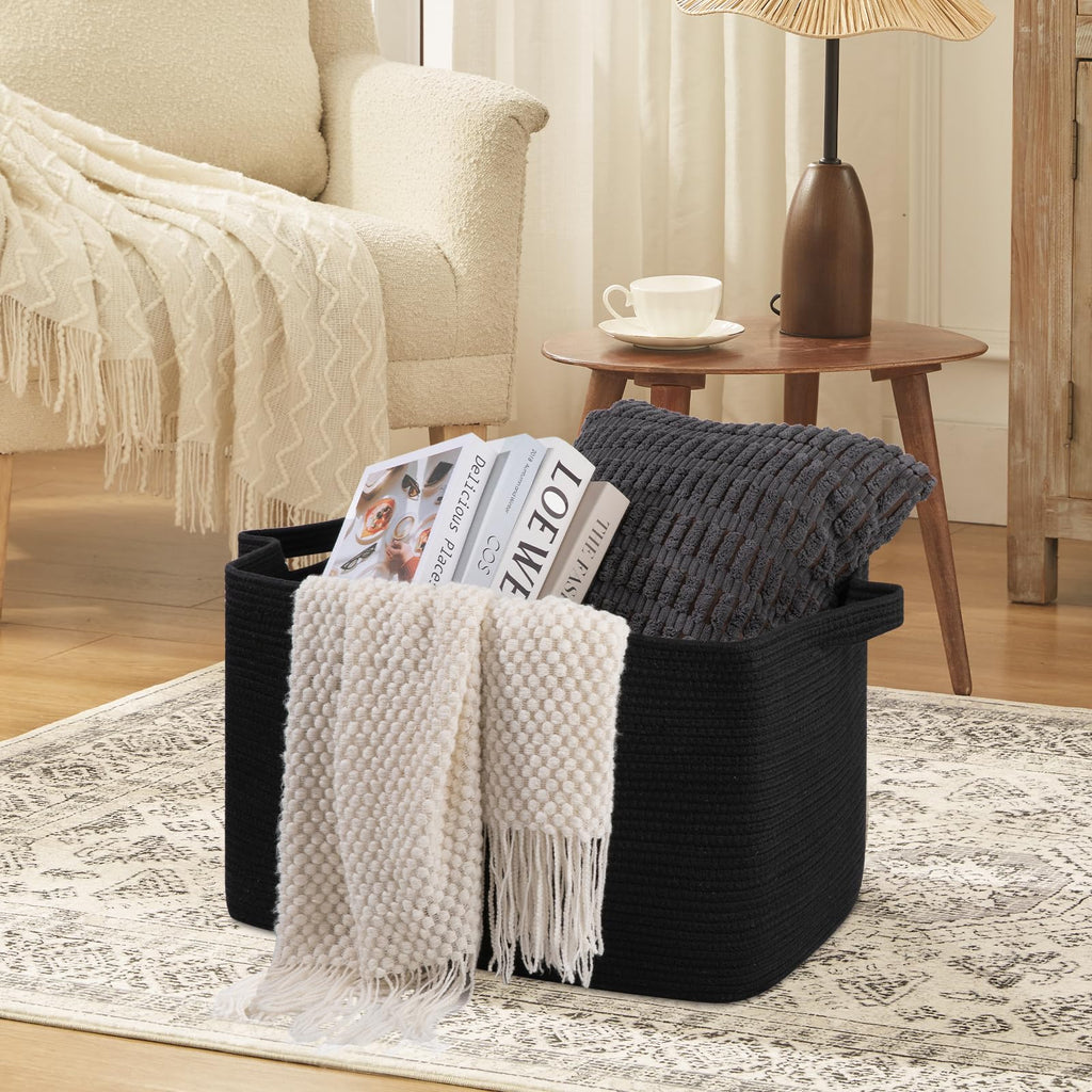 95L Extra Large Blanket Basket, 24" x 16.9" x 14.2" Woven Storage Basket for Living Room, Rectangle Nursery Blanket Storage for Toys, Towels, Dirty Clothes (Black)