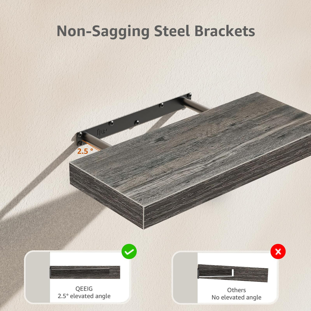 QEEIG Bathroom Floating Shelves for Wall - 15.7" Wall Mounted Shelf Over Toilet Farmhouse Home Decor Display Bookshelf Small 15.7 x 6.7 inch Set of 2, Rustic Brown (008-40BN)